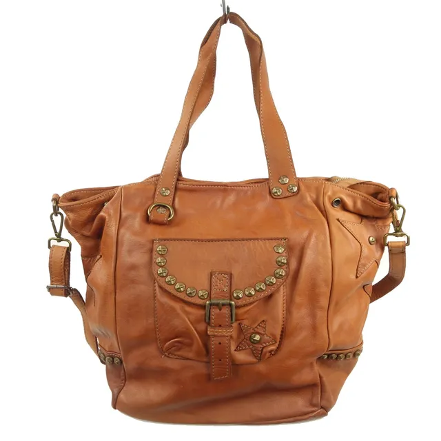 Collection Esprit Cuir Lili grand cabas XL naturel cuir clouté