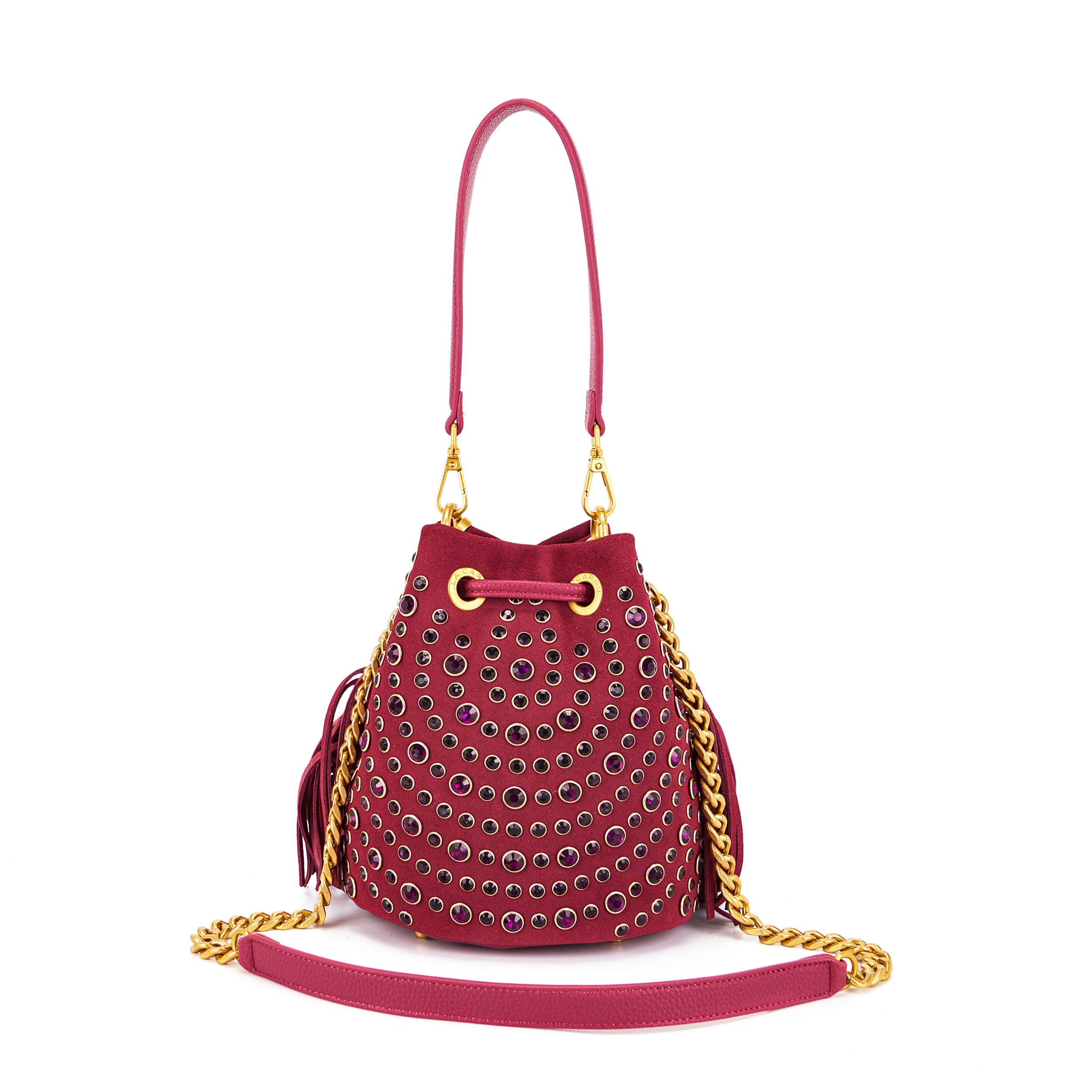 La Carrie Andromeda sac seau bordeaux cuir strass