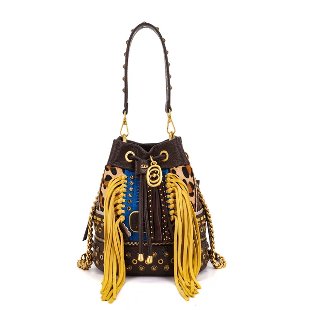 La Carrie Secchiello Jungle sac seau multi burgundy cuir