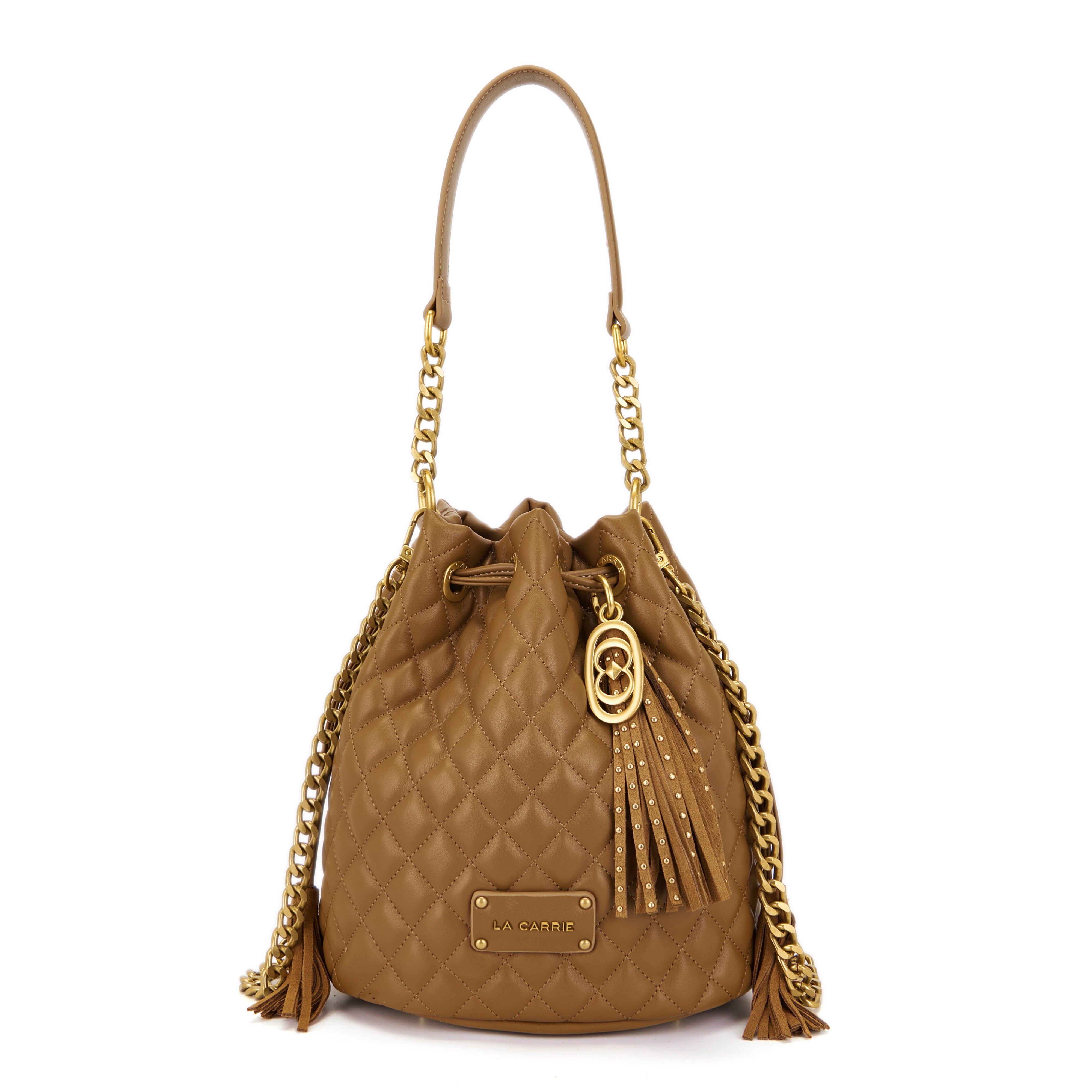 La Carrie Secchiello Touchy sac seau camel matelassé 24x17x26