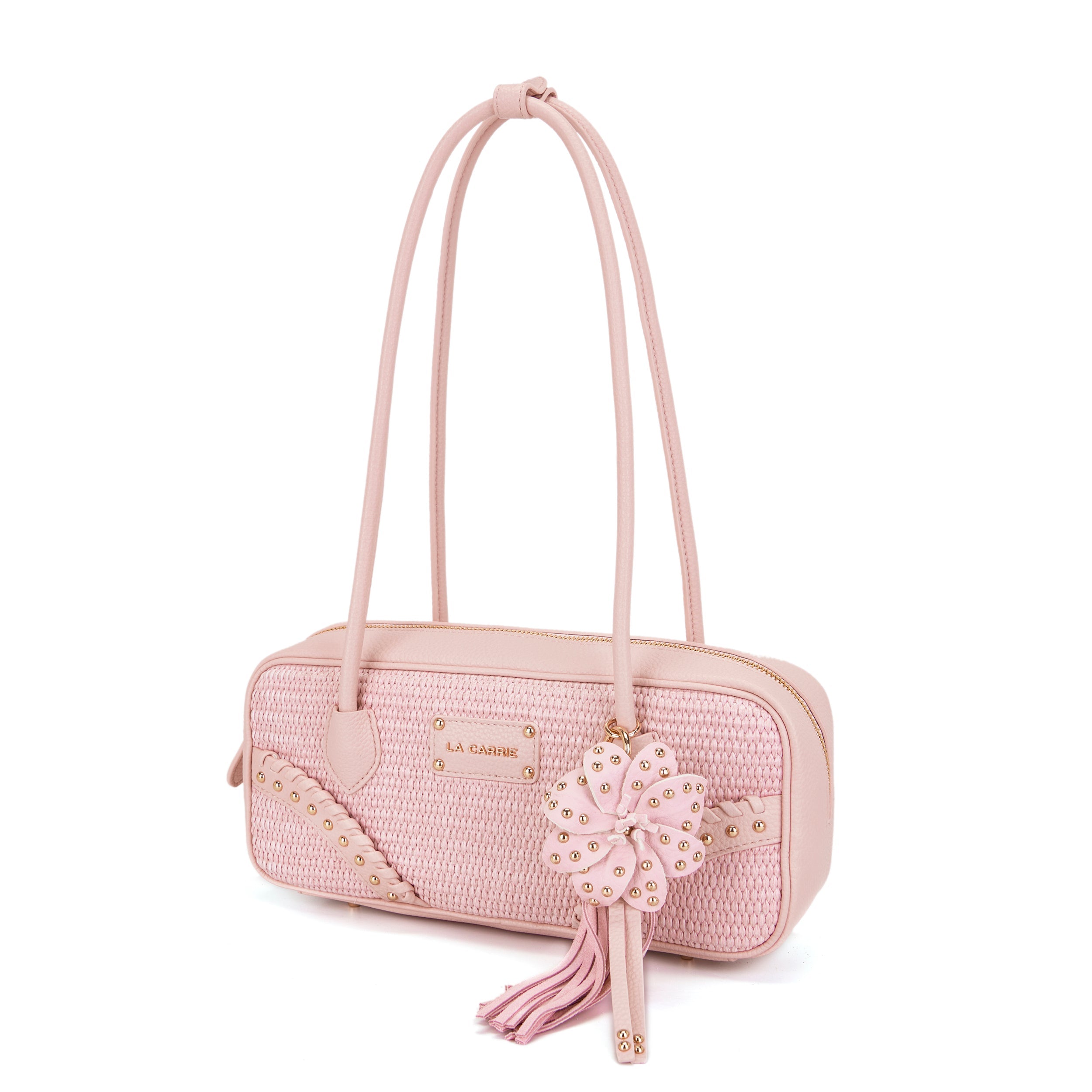 La Carrie La Plage sac bandoulière raphia rose clous