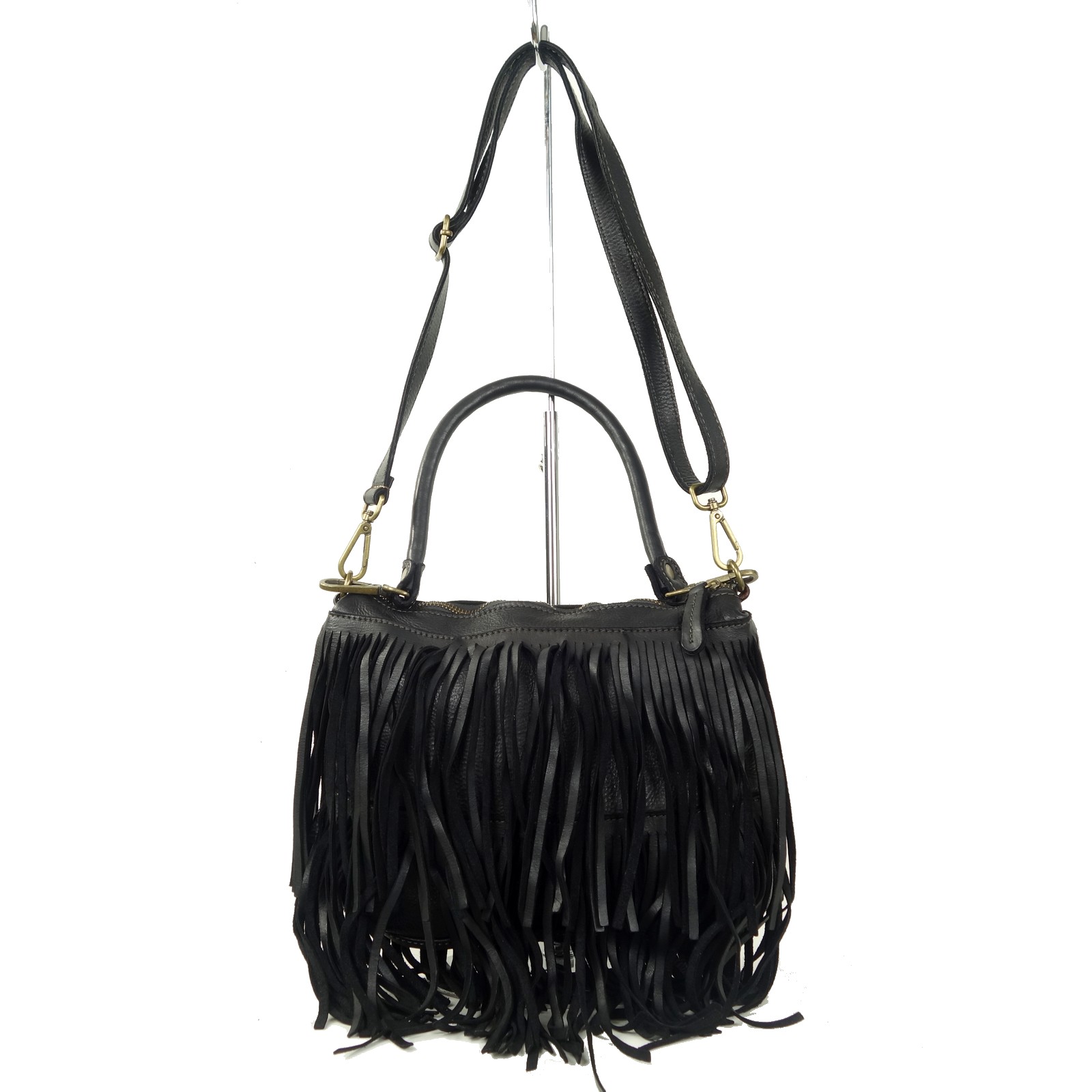 Collection Esprit Cuir Pia sac bandoulière cuir noir franges