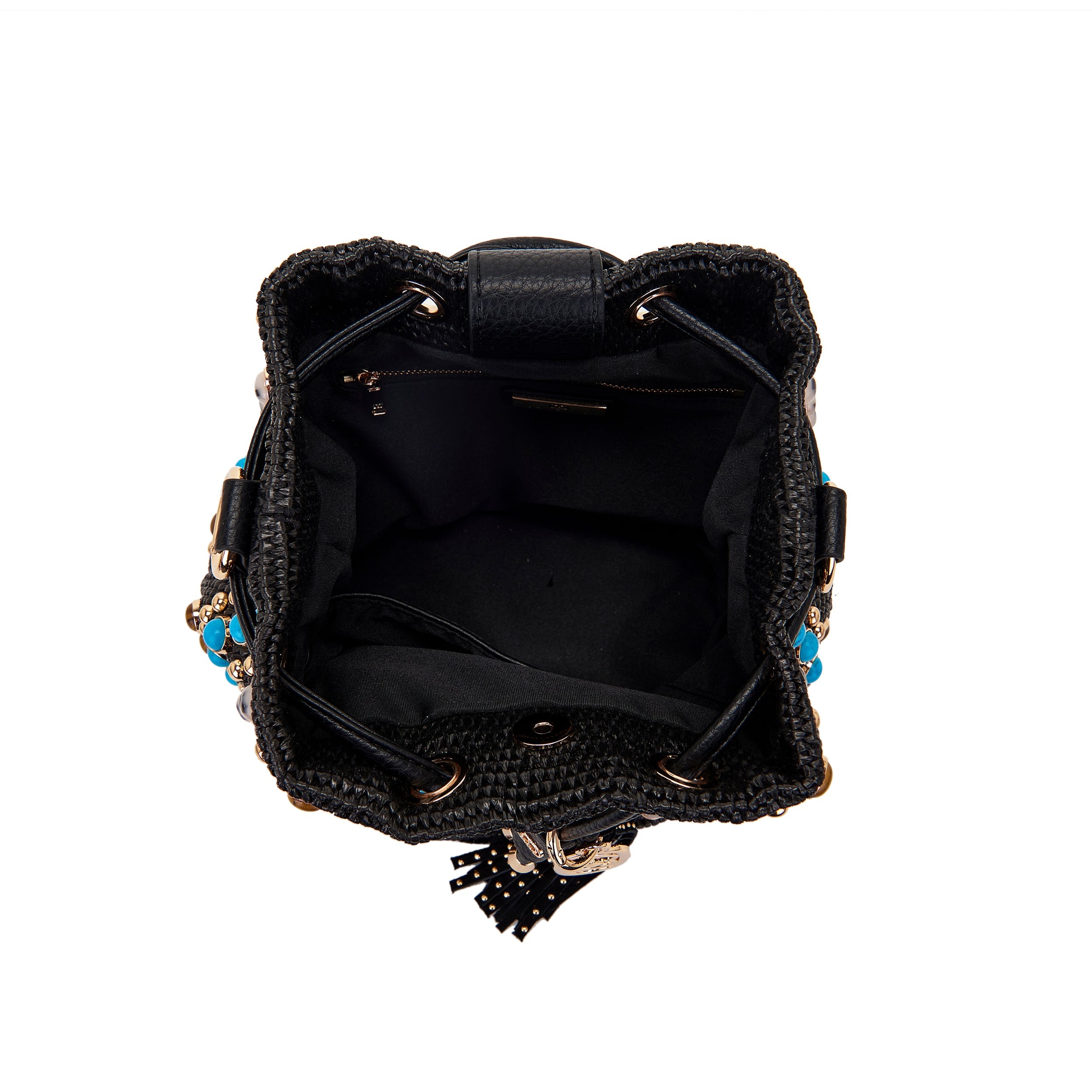 La Carrie Secchiello Andromeda sac seau noir raphia 26x19x28cm