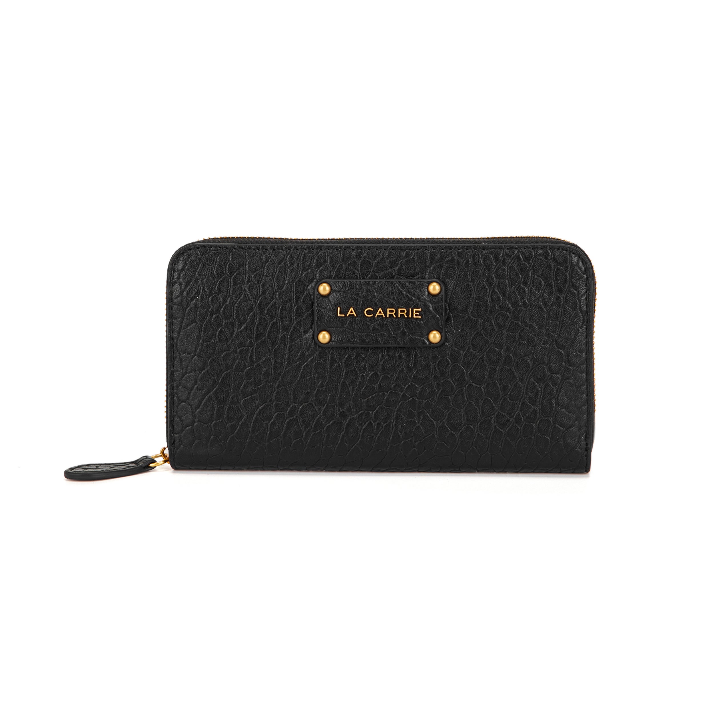 La Carrie Wallet portefeuille zip noir relief doré