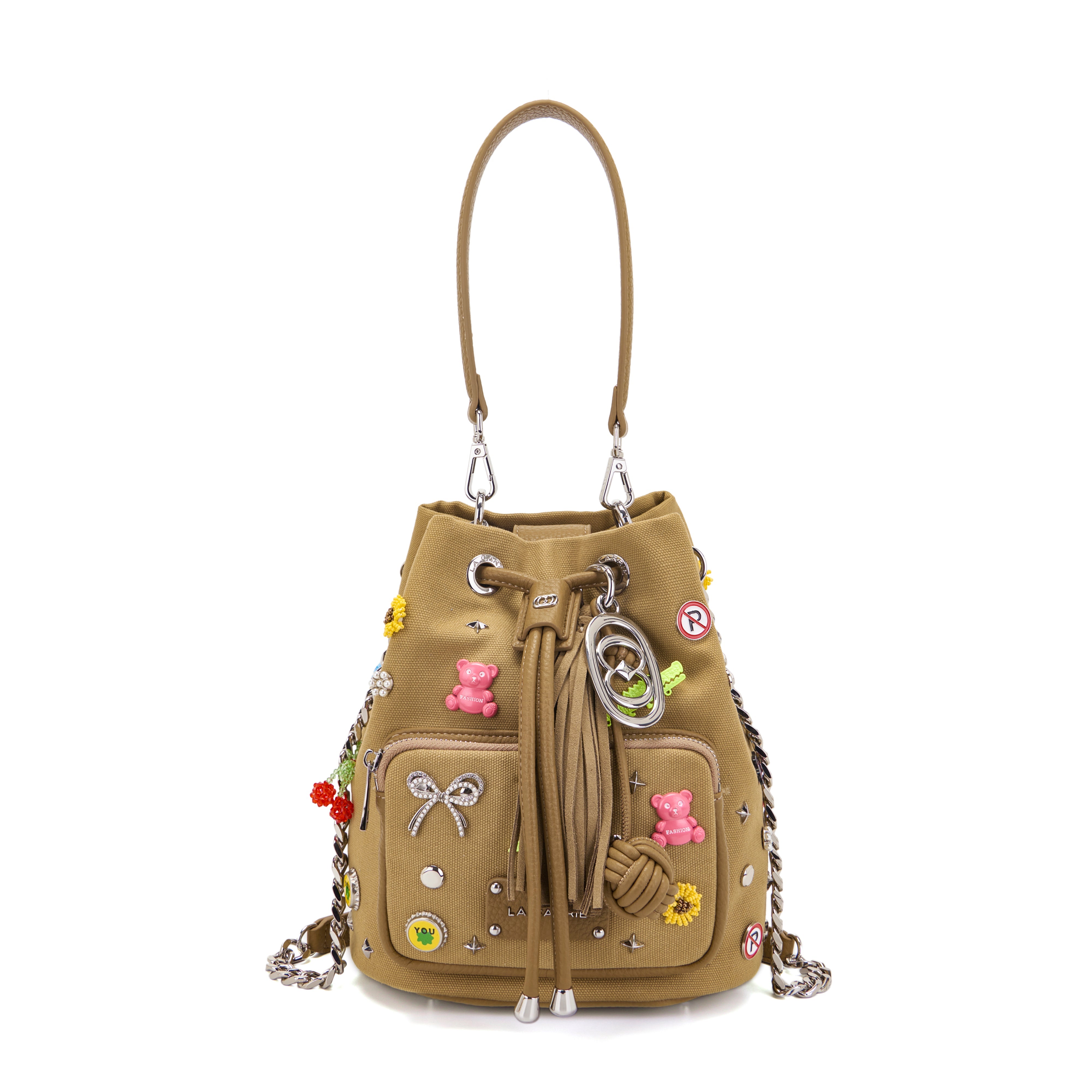 La Carrie Secchiello Pins sac seau taupe toile 26x19x28cm
