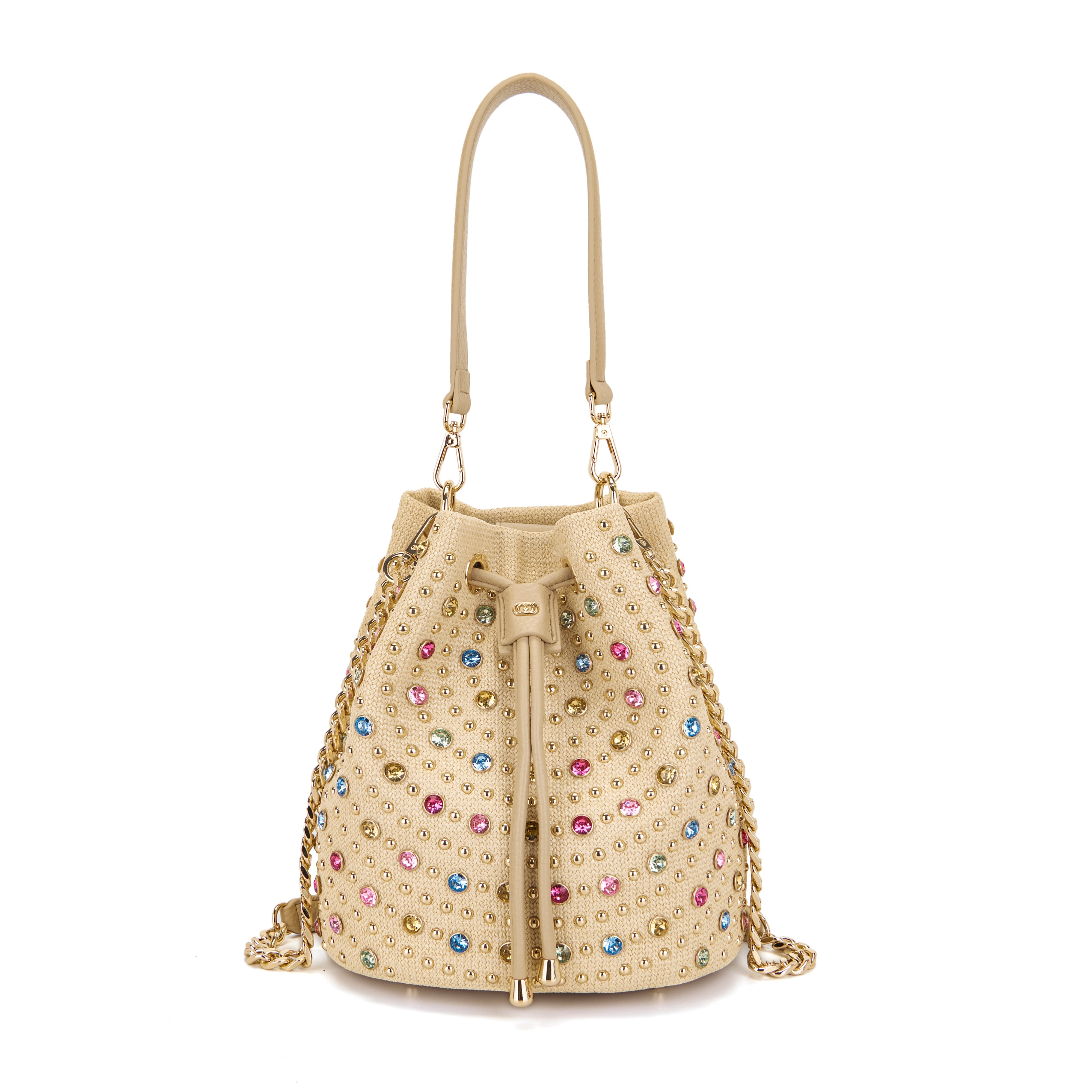 La Carrie Andromeda sac seau beige 26 cm raffia clous
