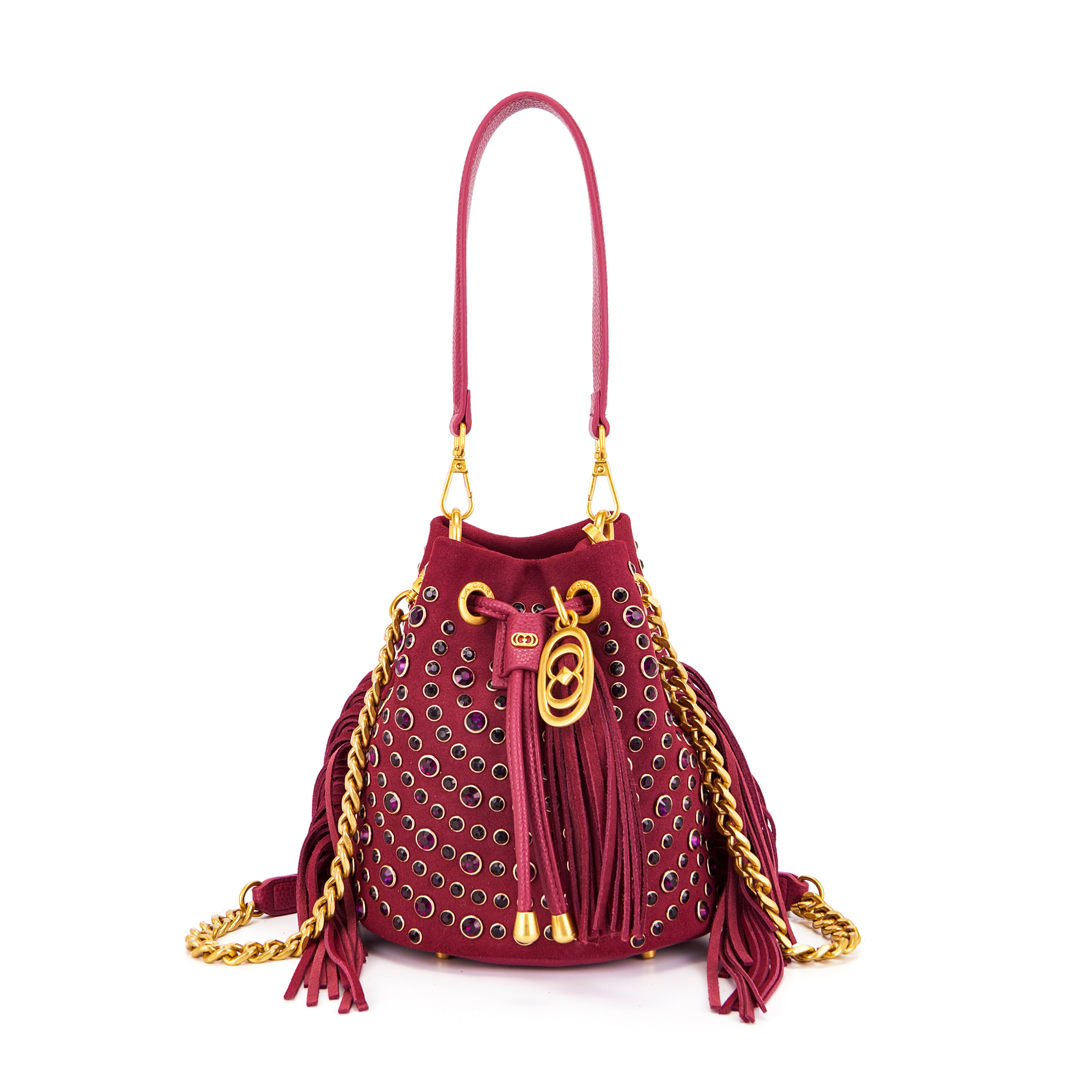La Carrie Andromeda sac seau bordeaux cuir strass