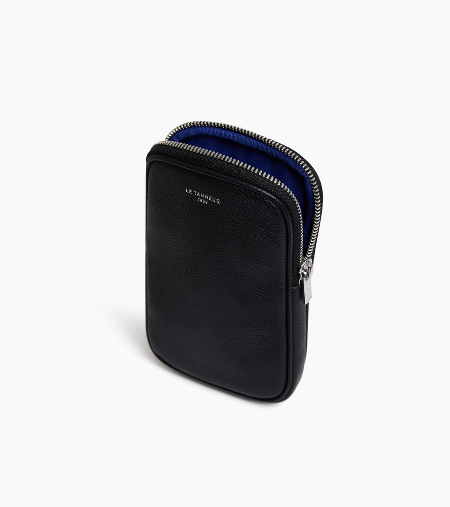 Le Tanneur étui téléphone cuir grainé Black zip argent