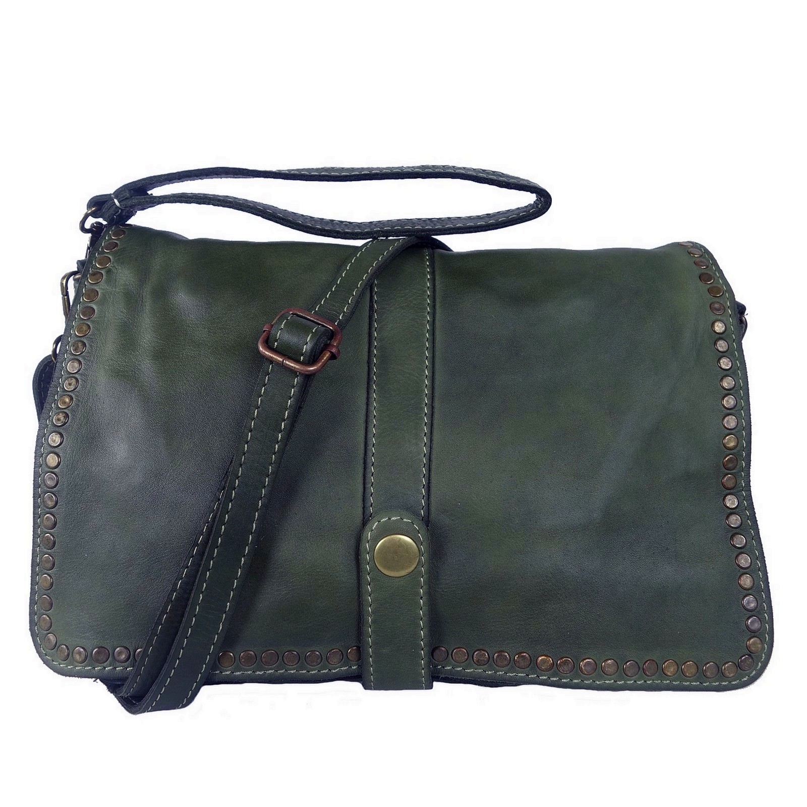 Collection Esprit Cuir GENA besace bandoulière cuir vert clous