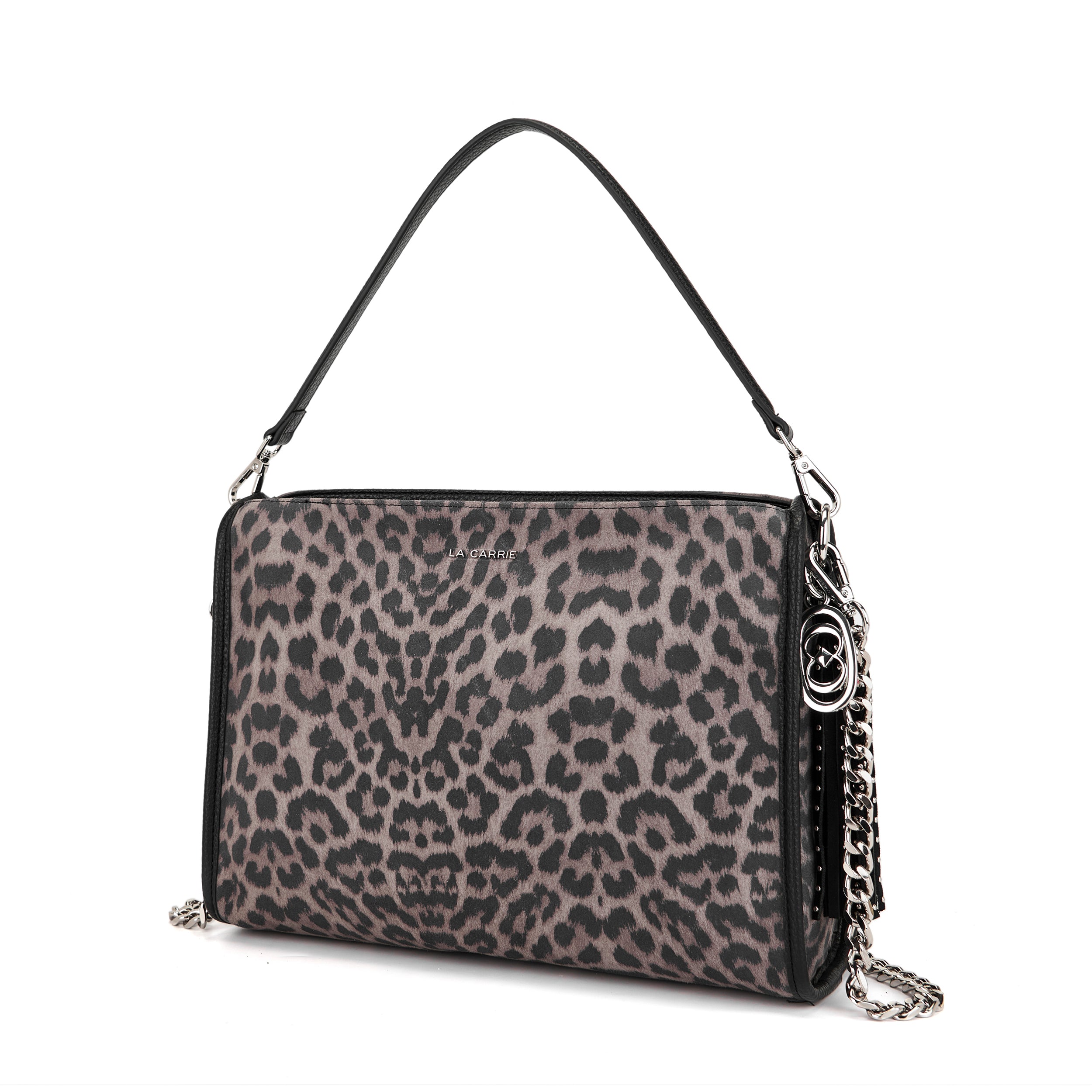 La Carrie Lio sac bandoulière gris 34x11x23 suède léopard
