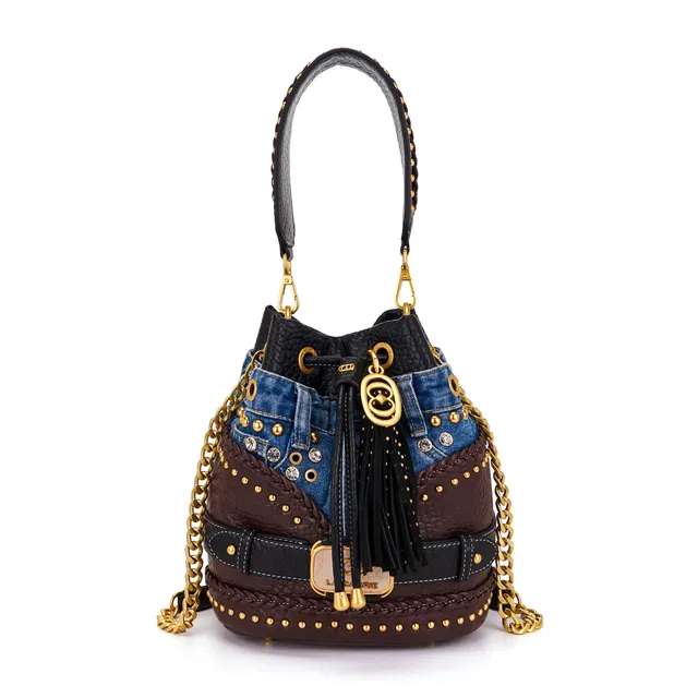 La Carrie Bagghy sac seau DARK BROWN denim et cuir