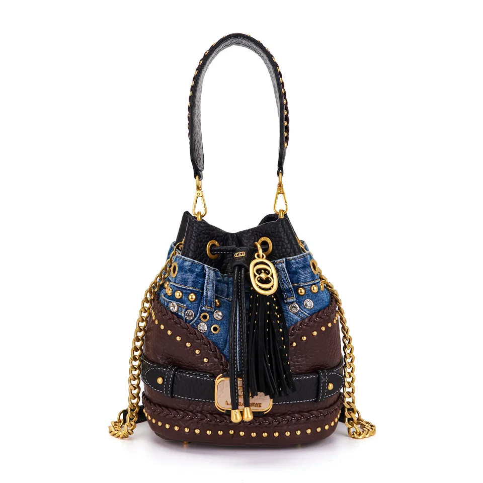 La Carrie Bagghy sac seau DARK BROWN denim et cuir