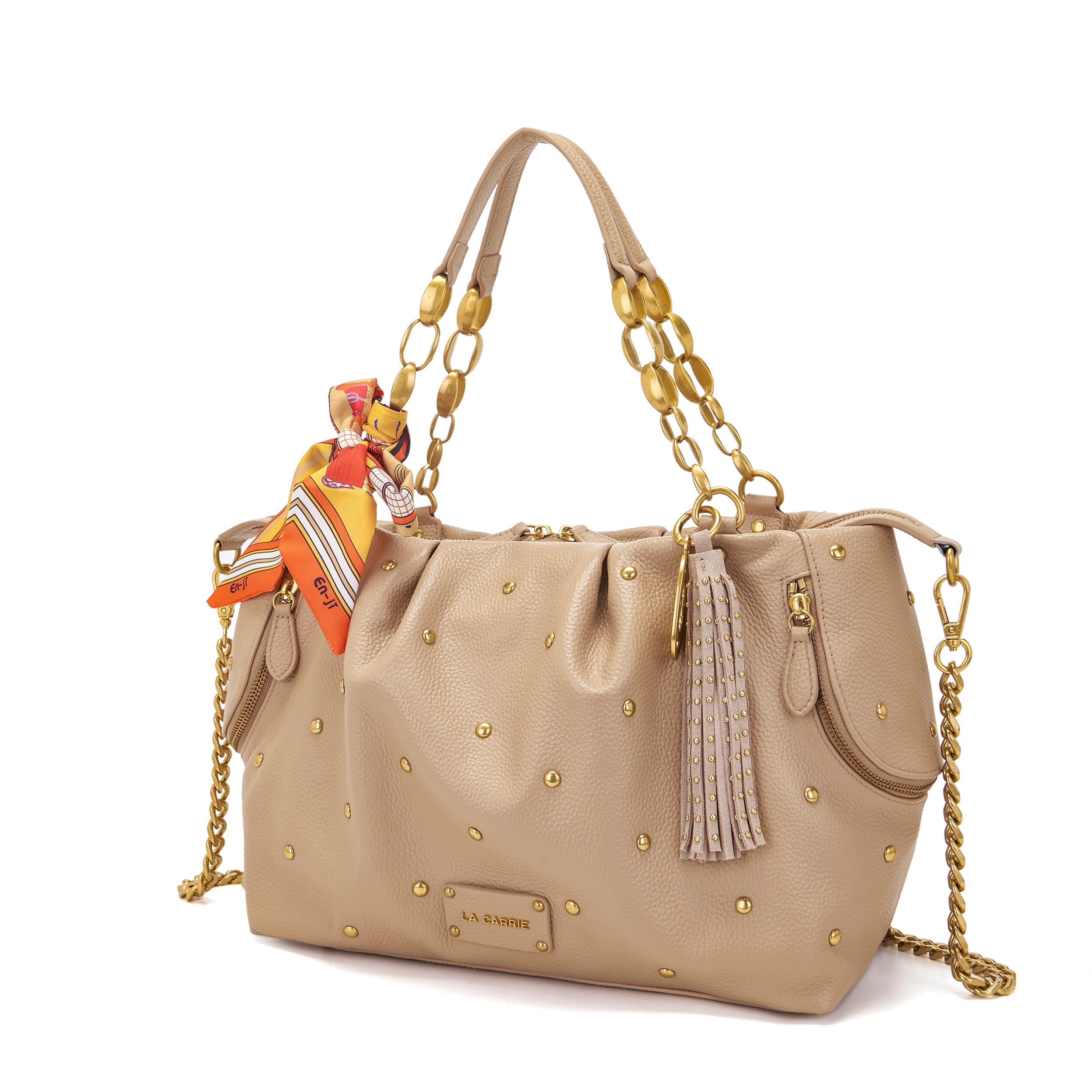 La Carrie Foulard sac shopping beige cuir clouté 34x21 cm