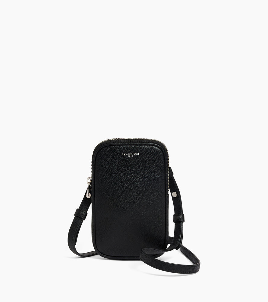Le Tanneur étui téléphone cuir grainé Black zip argent