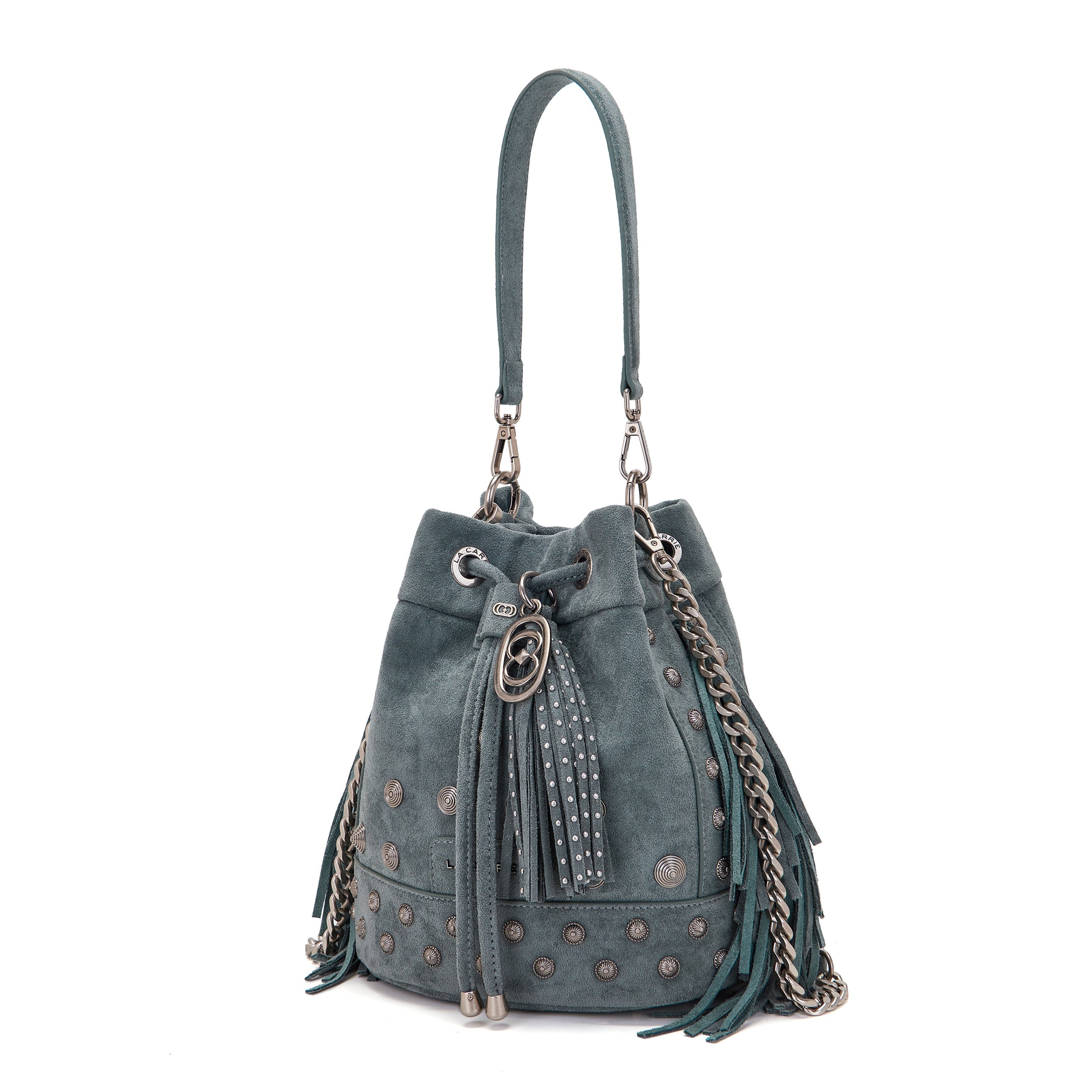 La Carrie Aztec sac seau jeans 26x28 cm suède clous