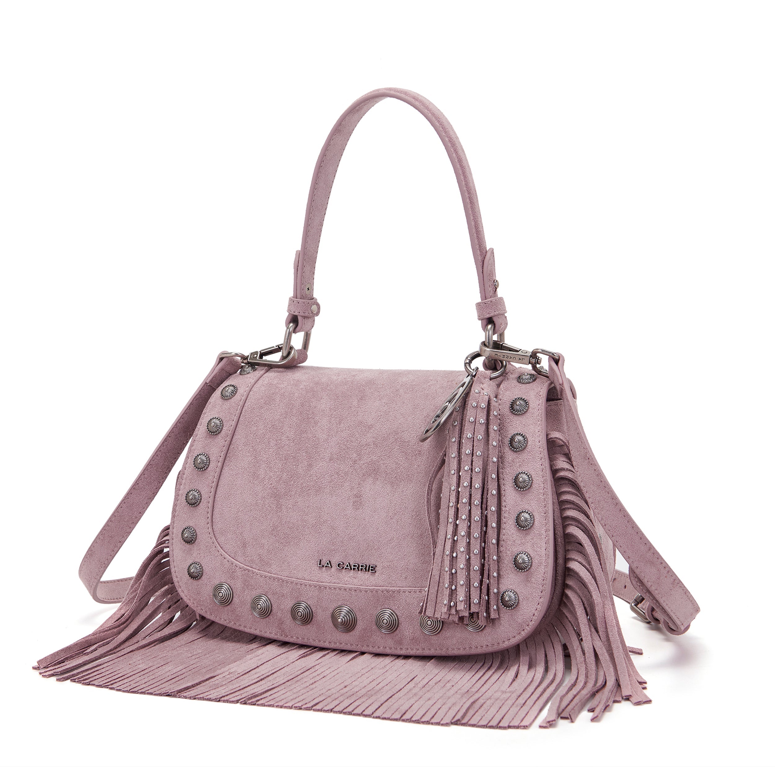 La Carrie Aztec Sac Épaule Rose Suède Franges 26x11x17 cm
