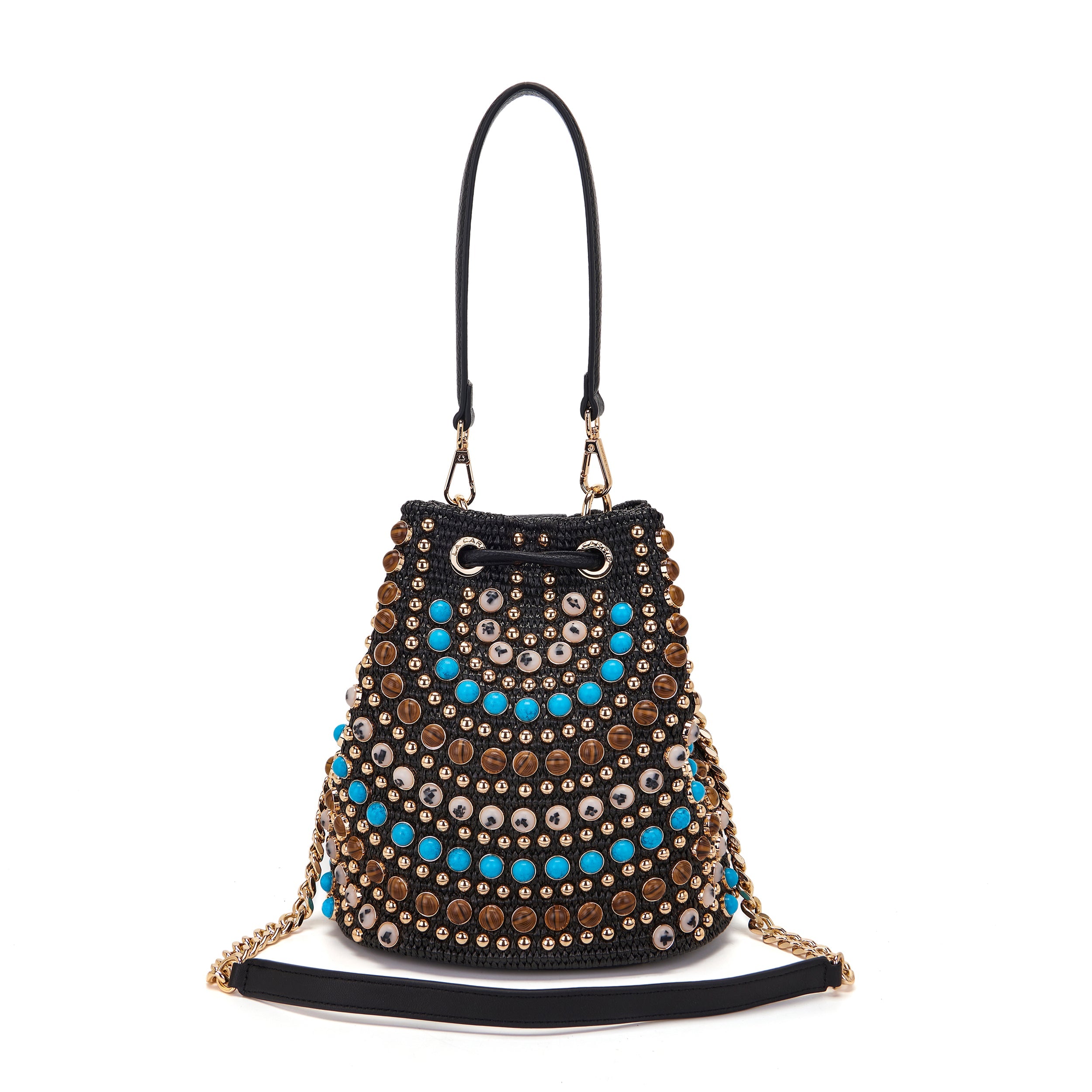 La Carrie Secchiello Andromeda sac seau noir raphia 26x19x28cm