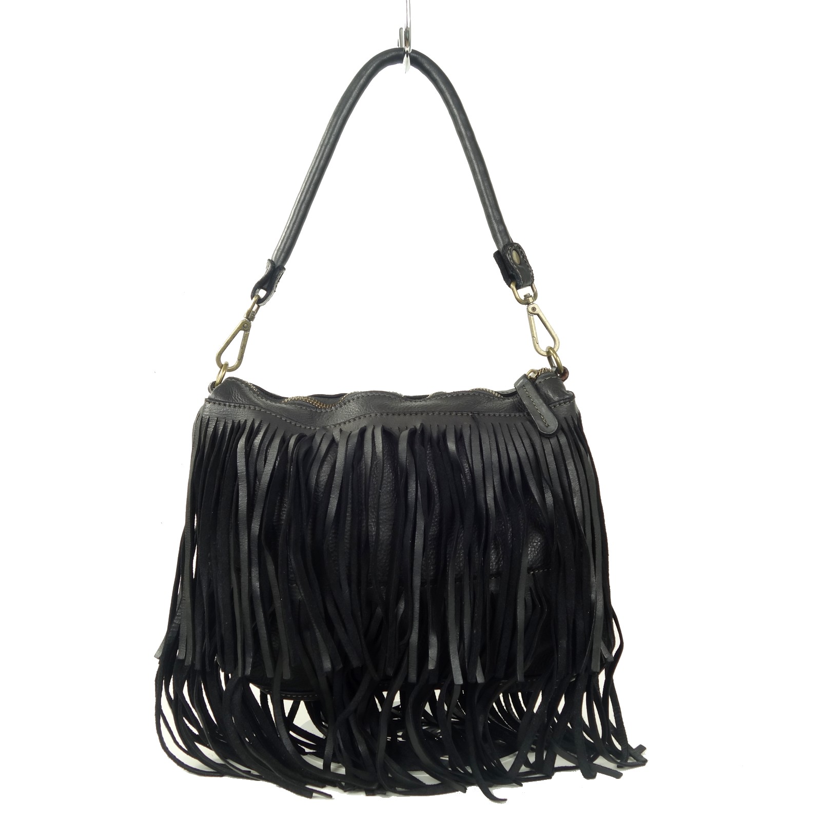 Collection Esprit Cuir Pia sac bandoulière cuir noir franges