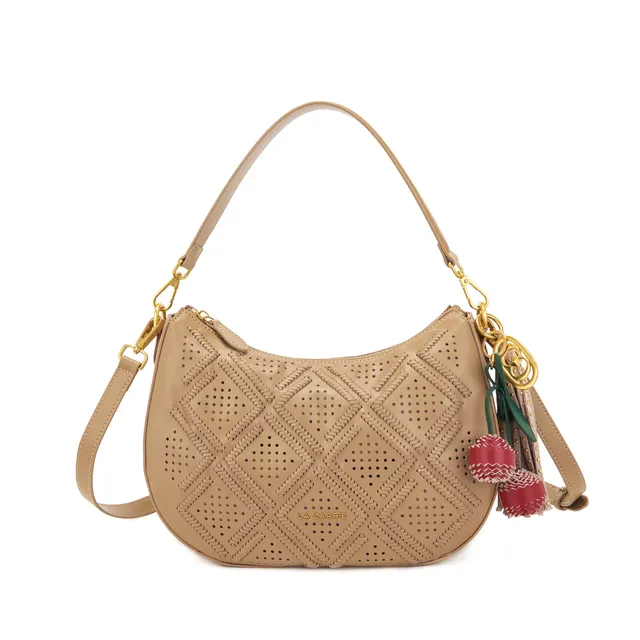 La Carrie Labyrinth sac bandoulière beige cuir perforé