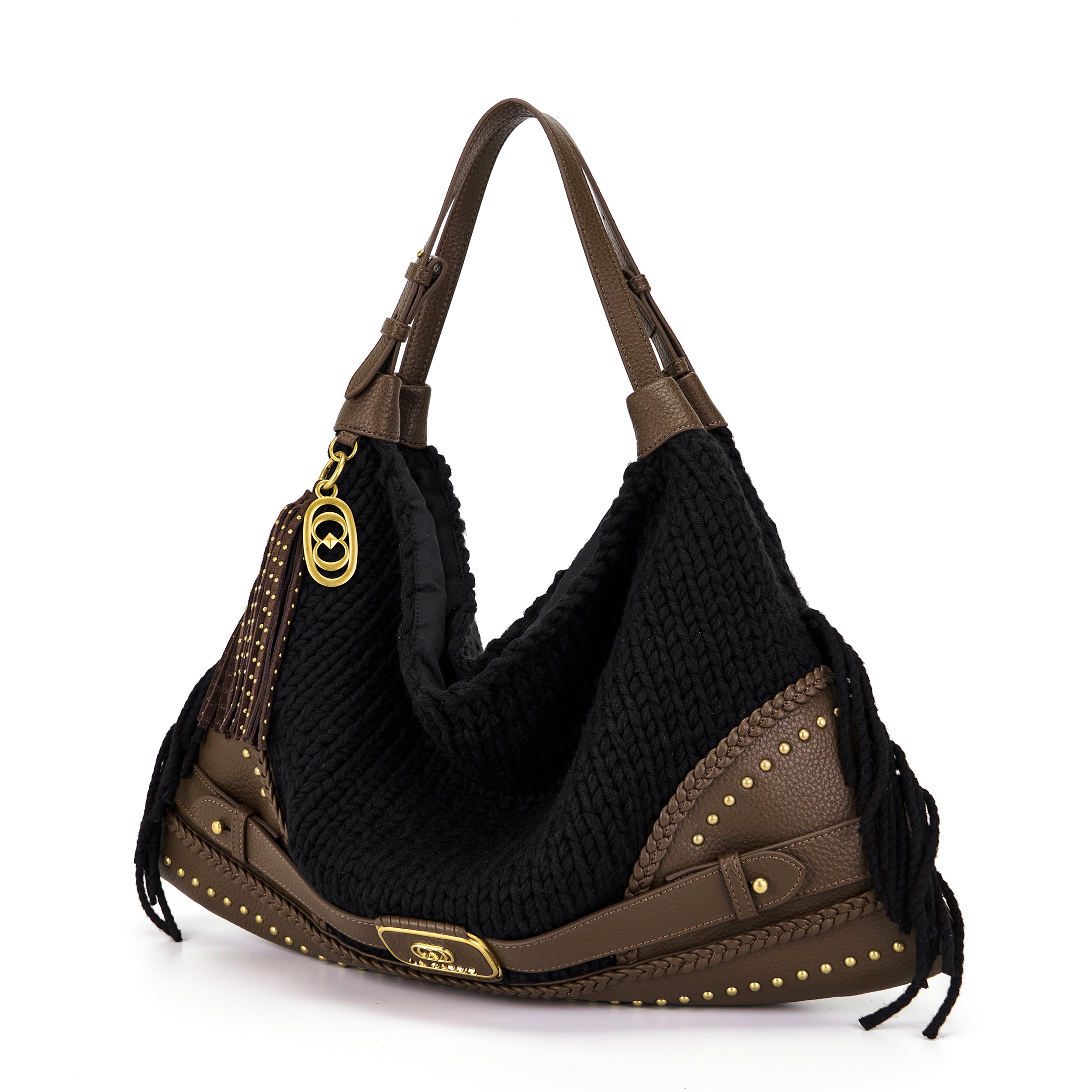 La Carrie Montgomery sac cabas laine noir 50 cm clouté