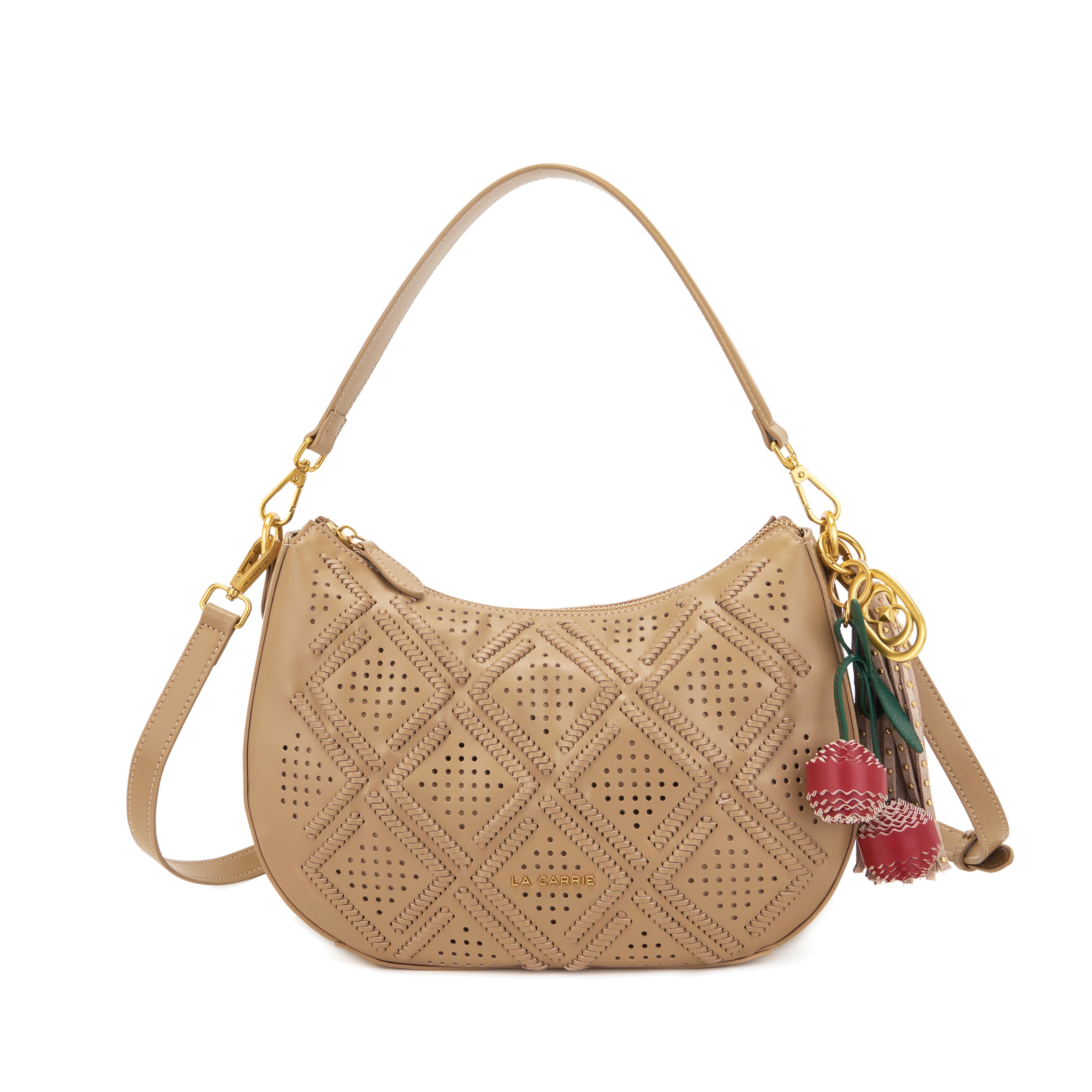 La Carrie Labyrinth sac bandoulière beige cuir perforé
