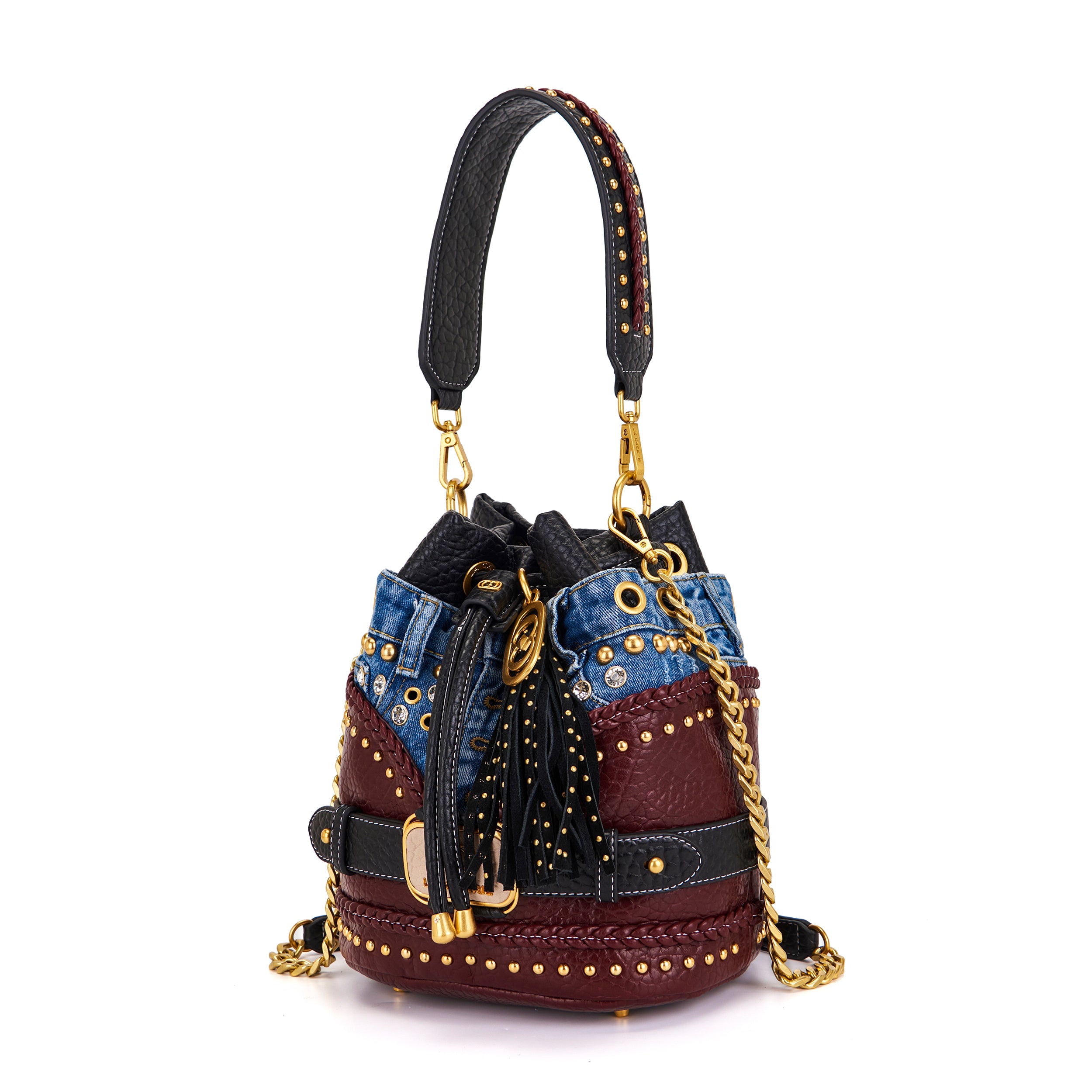 La Carrie Bagghy sac seau DARK BROWN denim et cuir