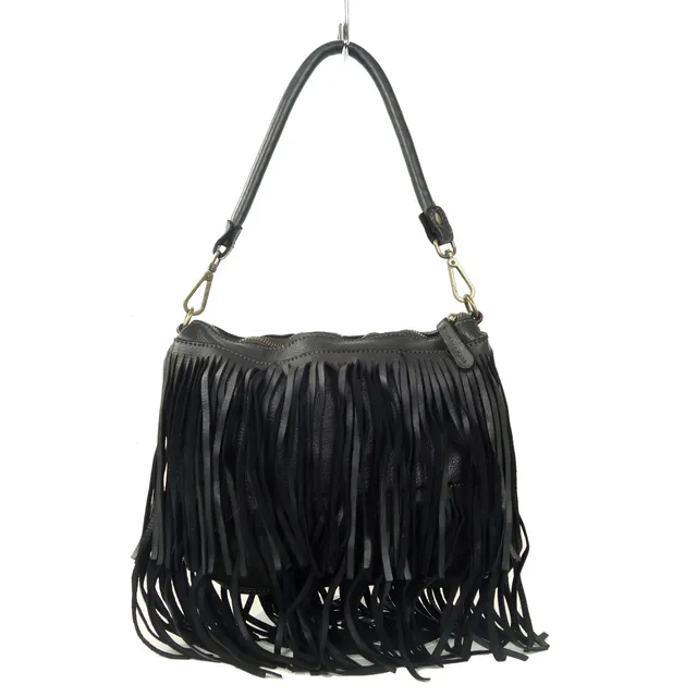 Collection Esprit Cuir Pia sac bandoulière cuir noir franges