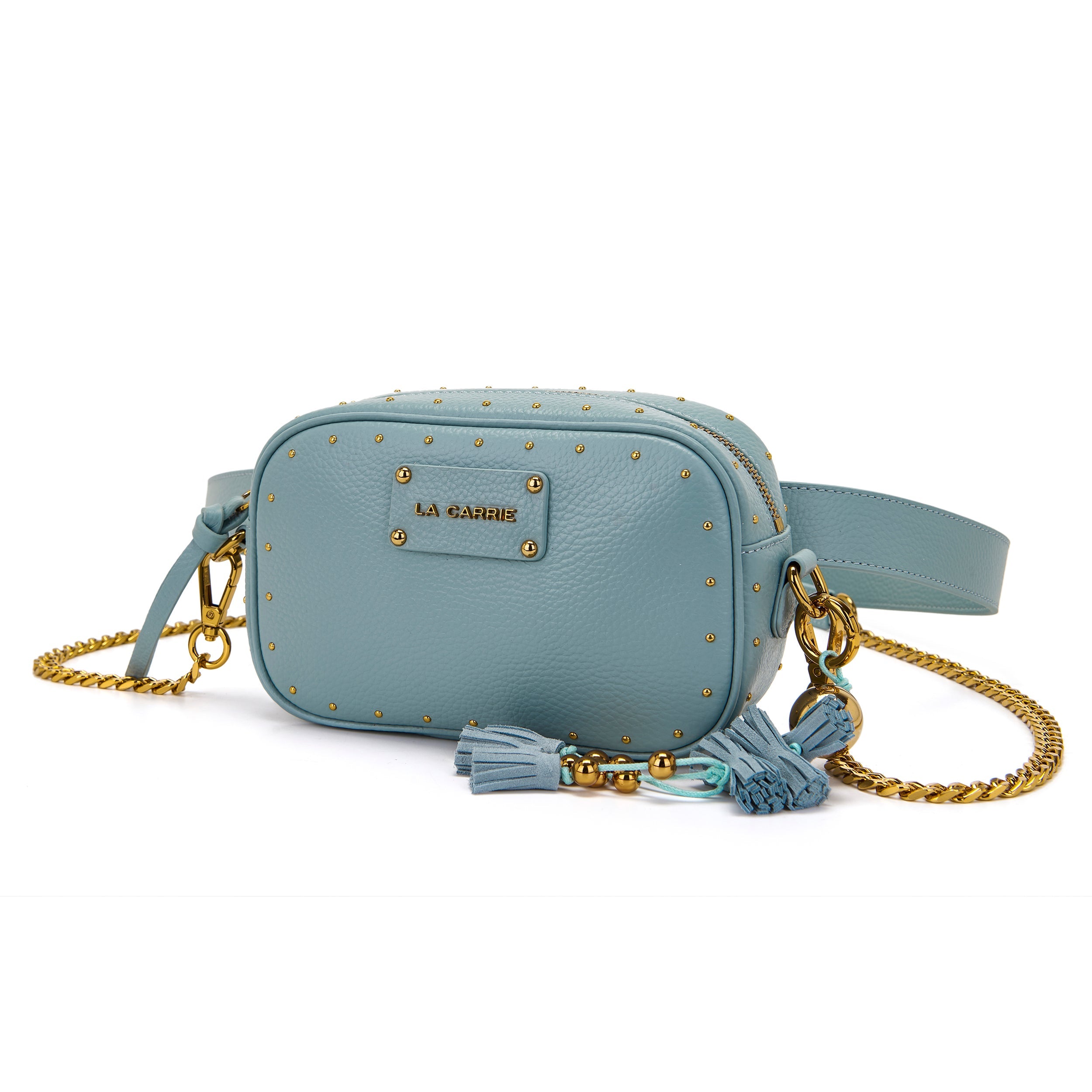 La Carrie Basic sac banane cuir ciel 20x6x13cm clous or