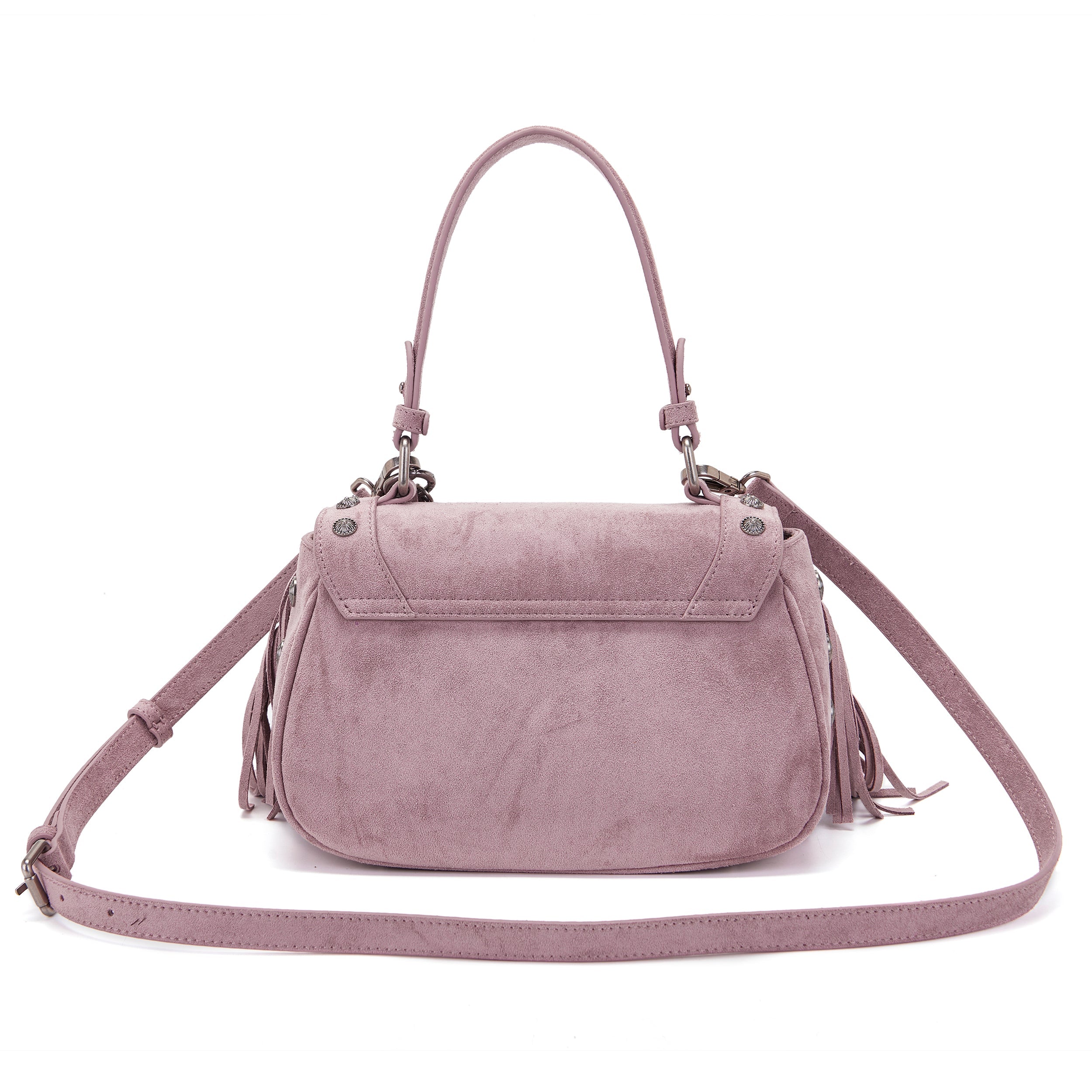 La Carrie Aztec Sac Épaule Rose Suède Franges 26x11x17 cm
