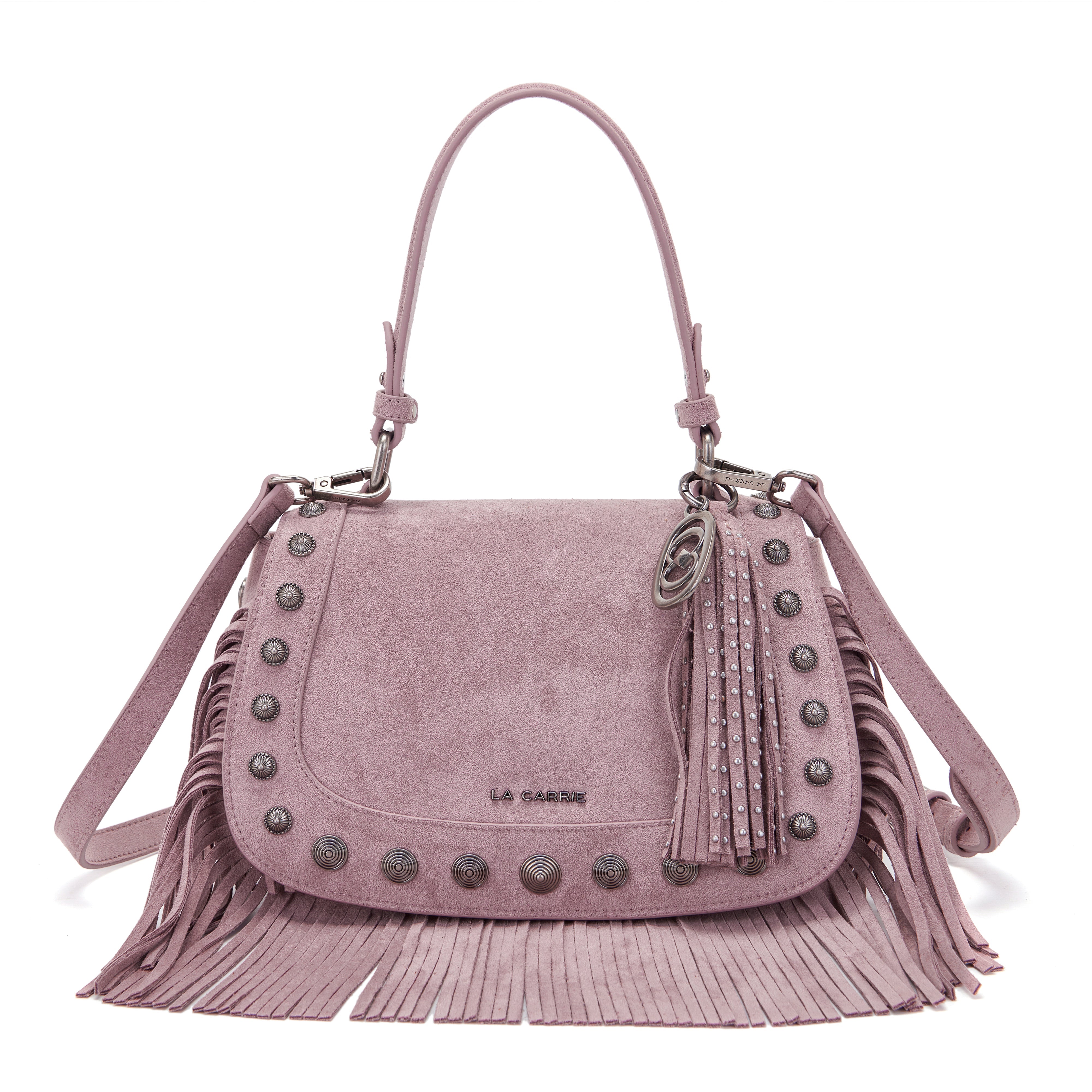 La Carrie Aztec Sac Épaule Rose Suède Franges 26x11x17 cm