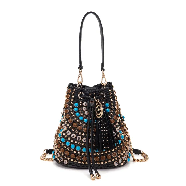La Carrie Secchiello Andromeda sac seau noir raphia 26x19x28cm