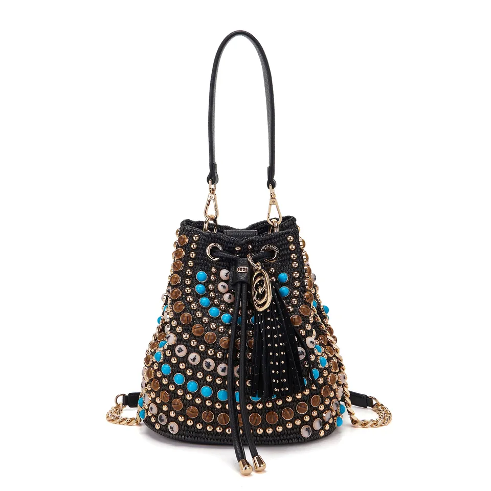 La Carrie Secchiello Andromeda sac seau noir raphia 26x19x28cm