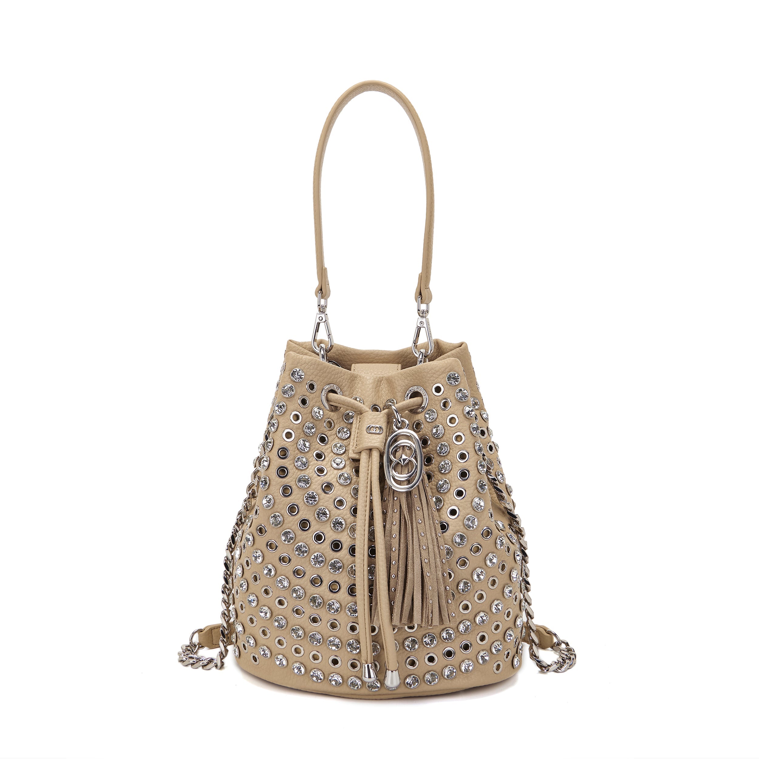 La Carrie Andromeda sac seau beige PU clouté 26 cm