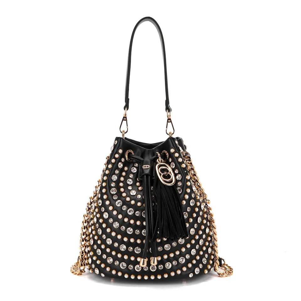 La Carrie Andromeda sac seau noir blanc 26 cm strass