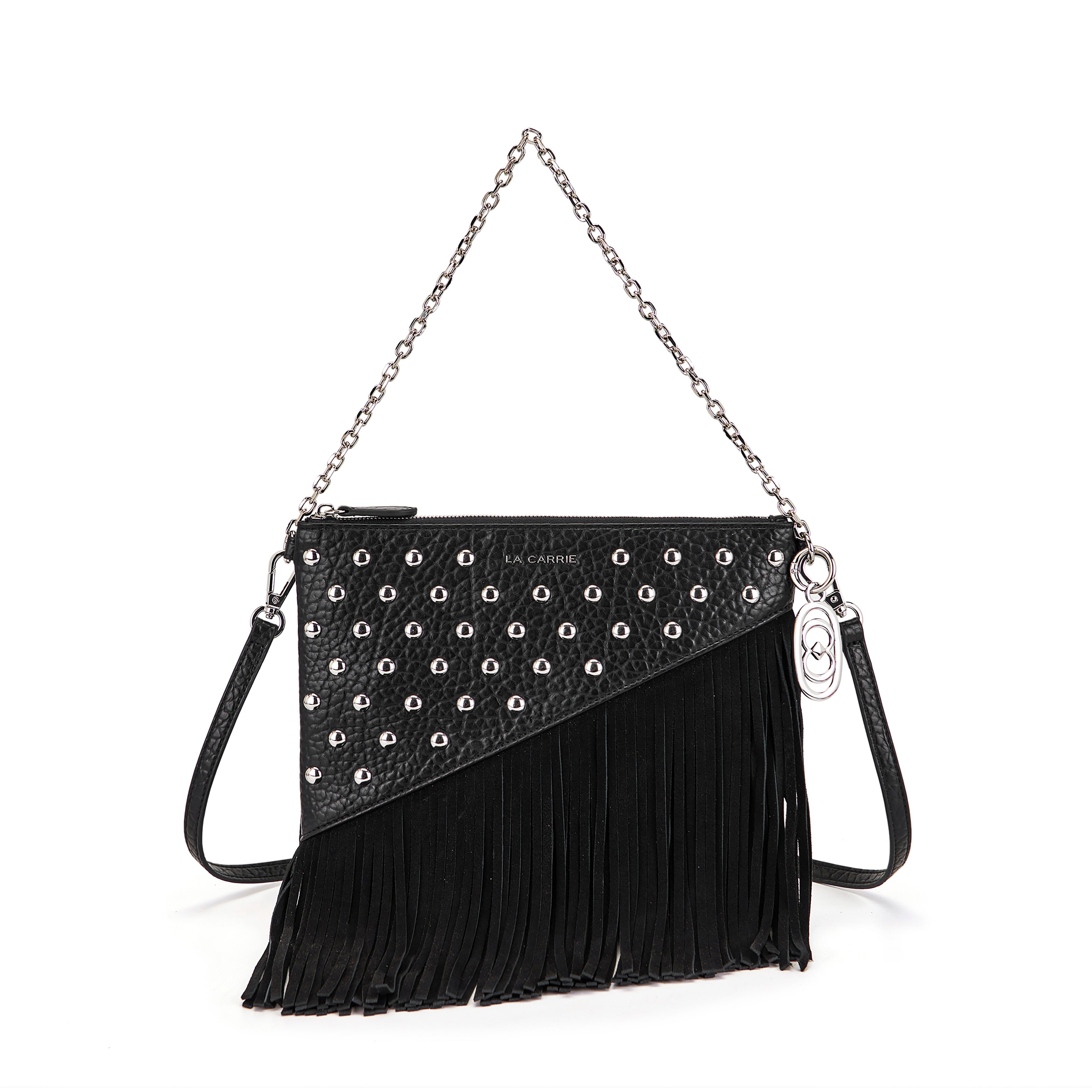La Carrie Capsule sac bandoulière noir 25x3x22 clouté franges