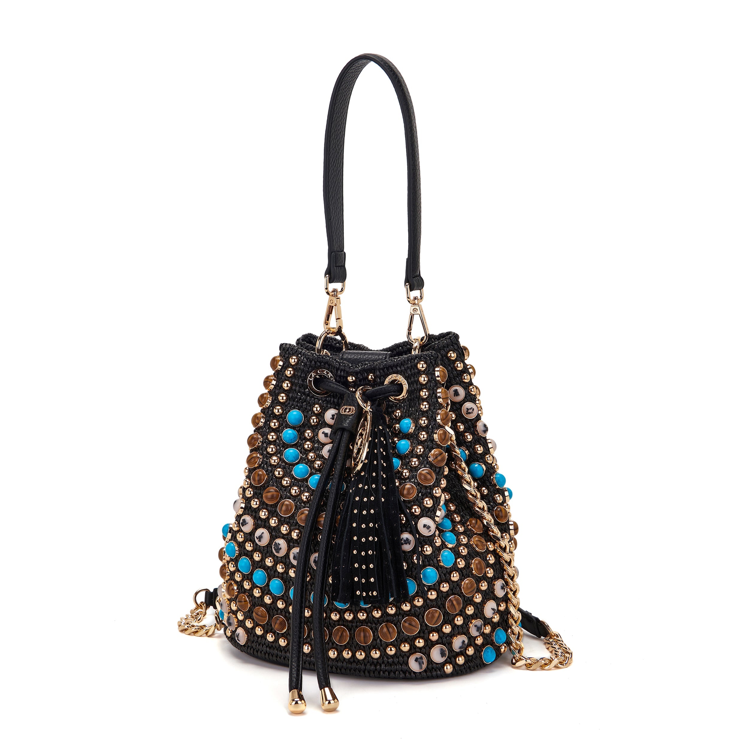 La Carrie Secchiello Andromeda sac seau noir raphia 26x19x28cm