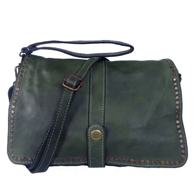 Collection Esprit Cuir GENA besace bandoulière cuir vert clous