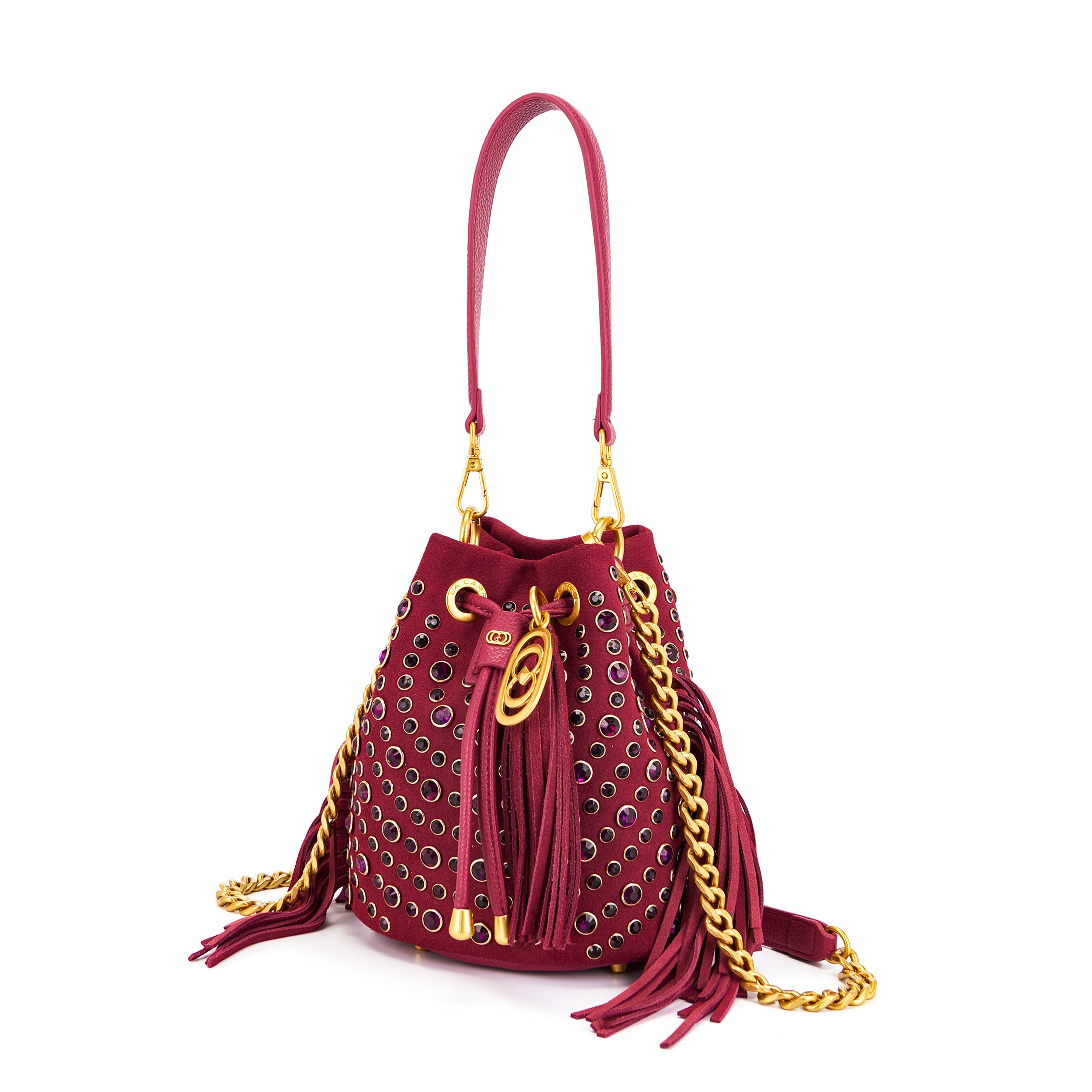 La Carrie Andromeda sac seau bordeaux cuir strass