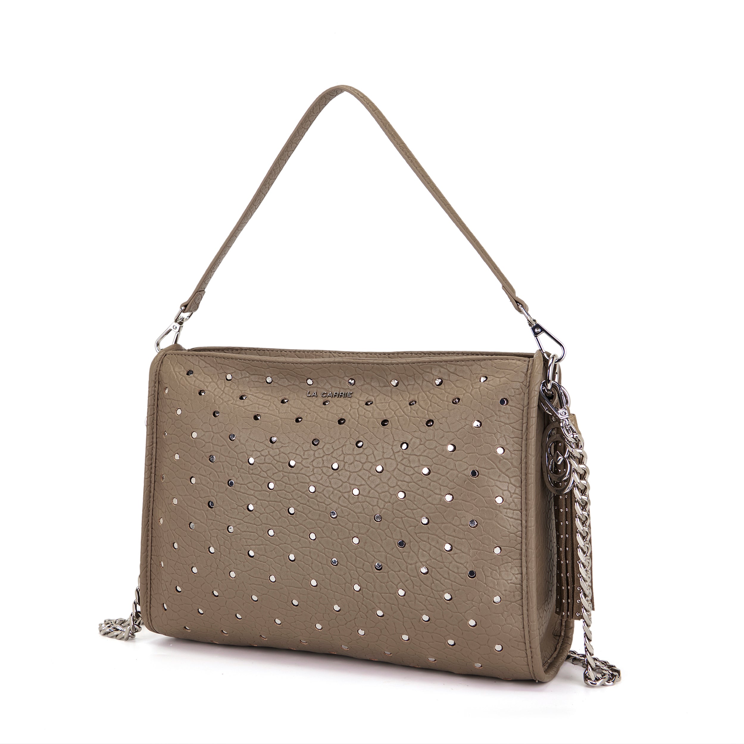 La Carrie Downtown sac épaule taupe 34 cm clouté