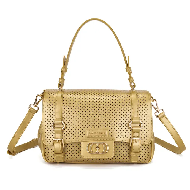 La Carrie Atena sac shopping gold cuir perforé 30x18 cm