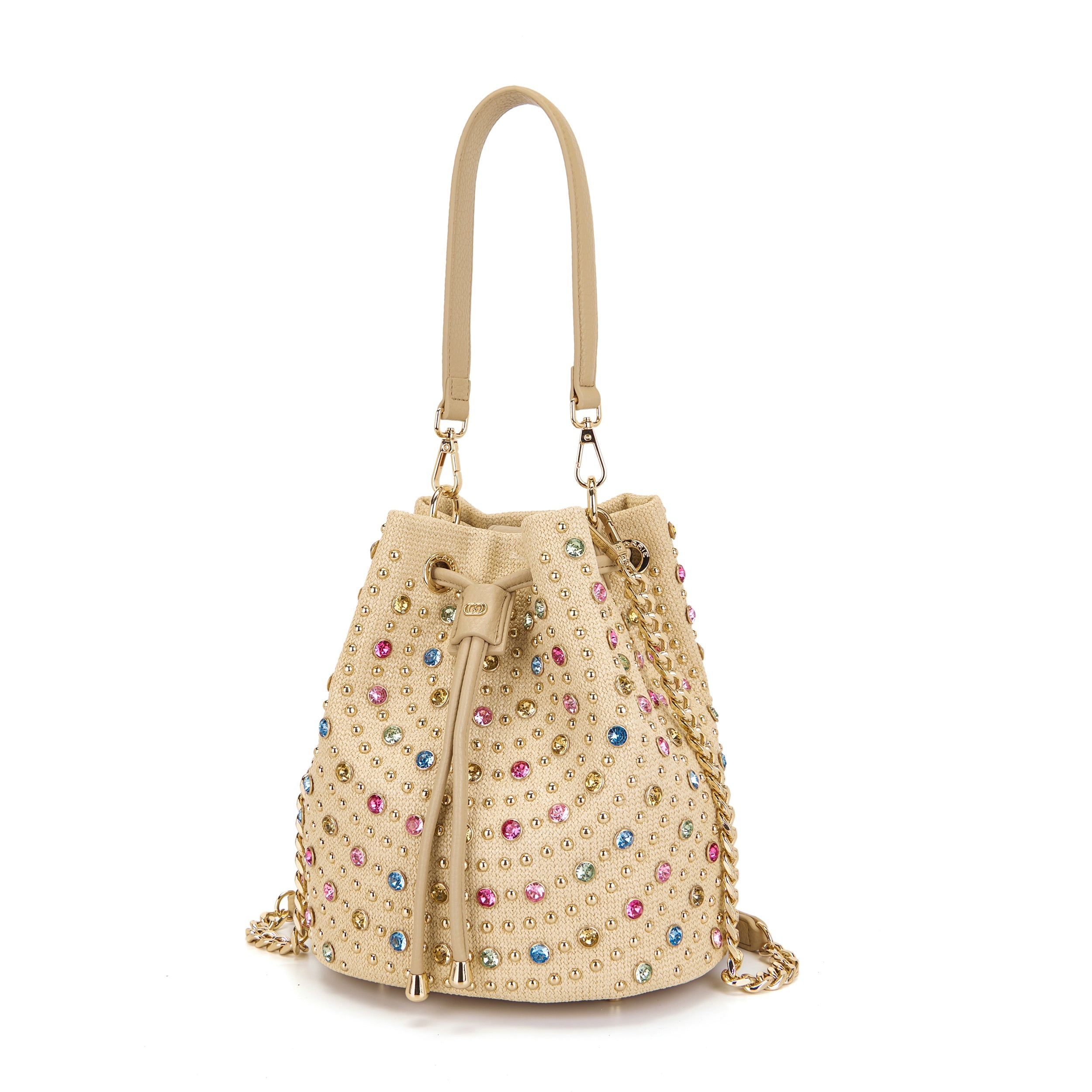 La Carrie Andromeda sac seau beige 26 cm raffia clous