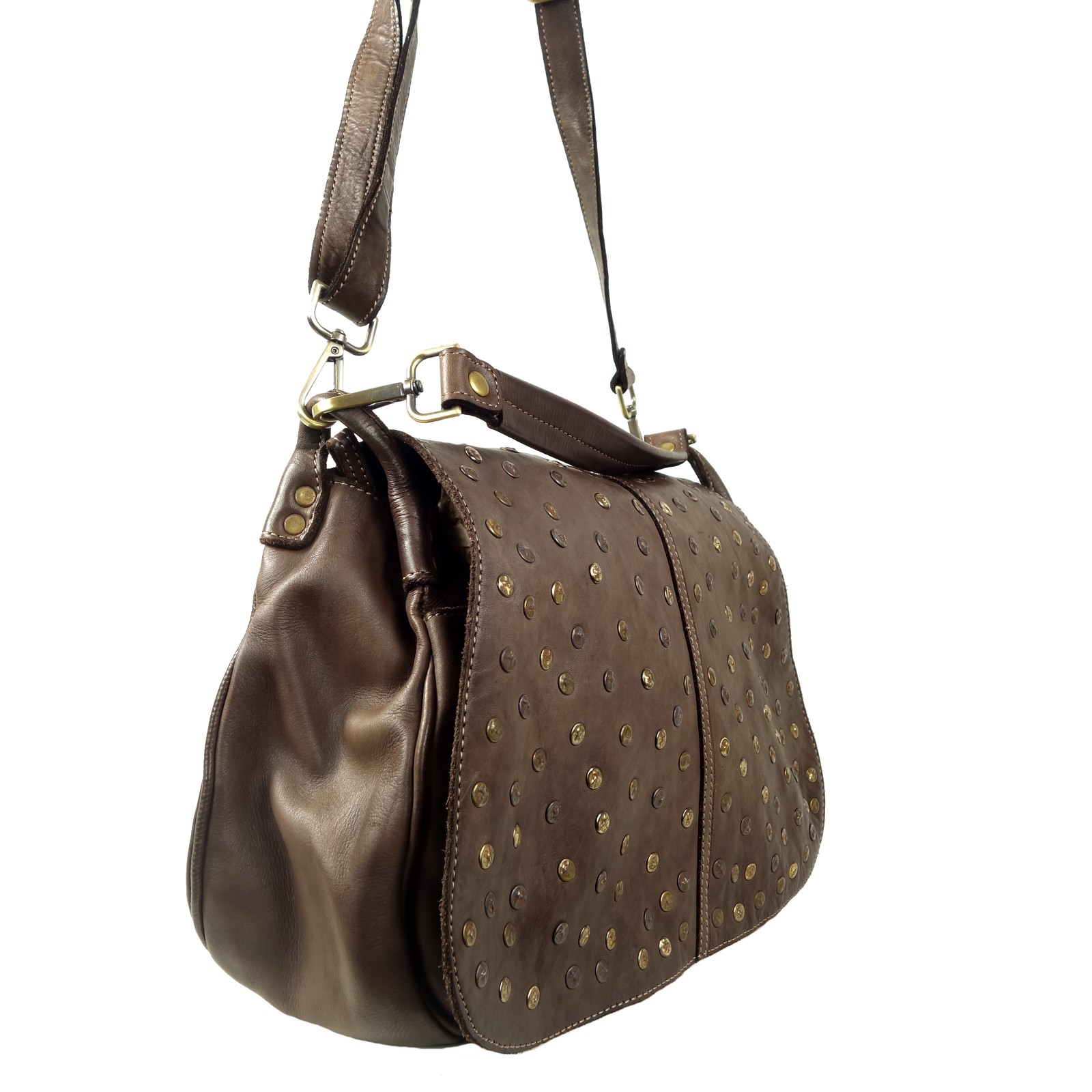 Collection Esprit Cuir Sac Besace Anna grande besace cuir café clous