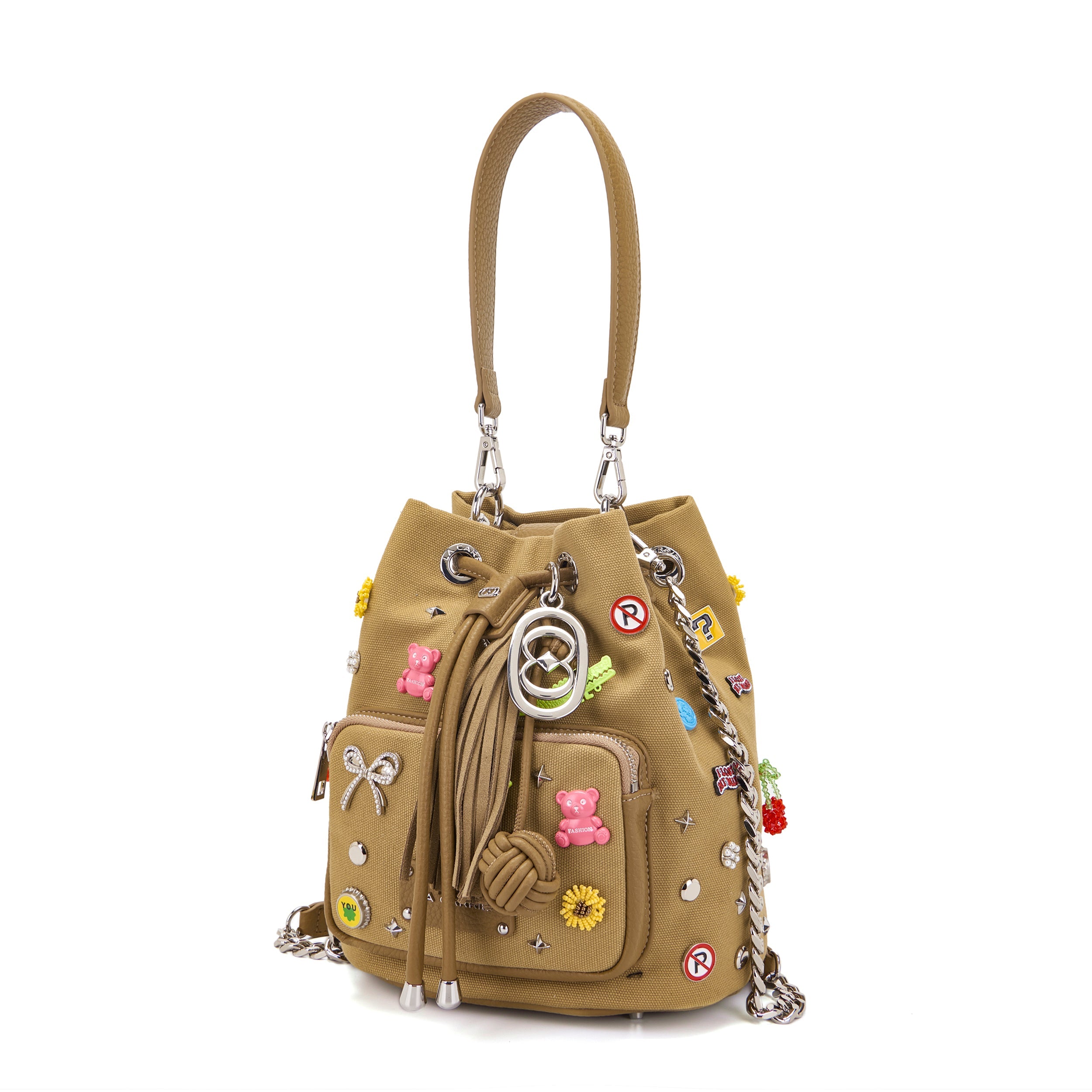 La Carrie Secchiello Pins sac seau taupe toile 26x19x28cm