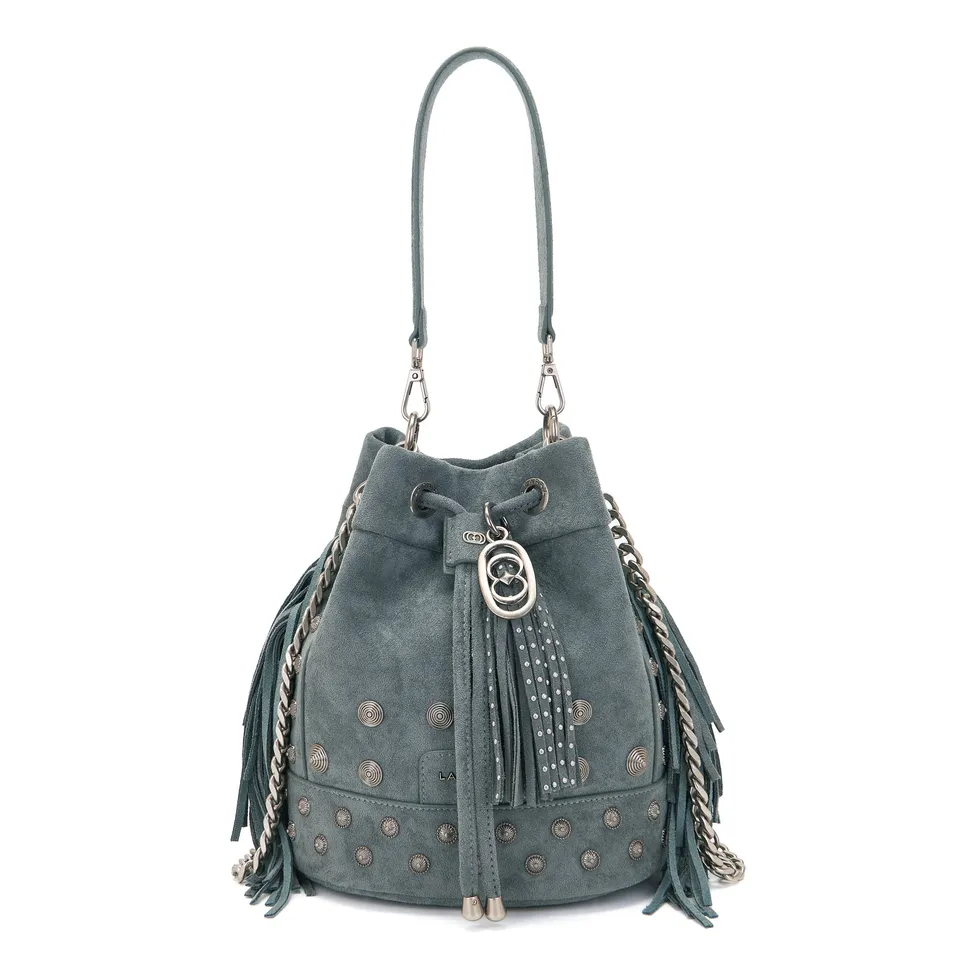 La Carrie Aztec sac seau jeans 26x28 cm suède clous