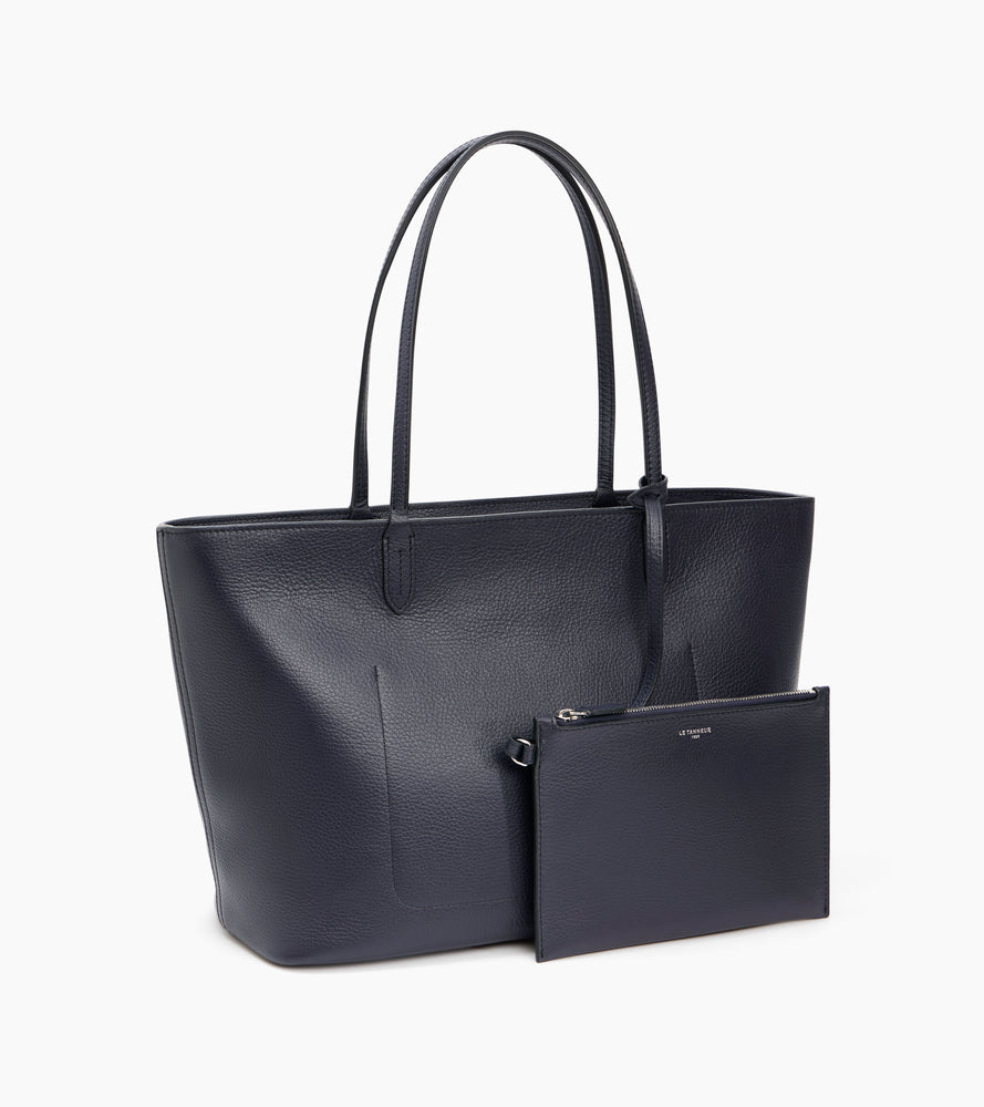 Le Tanneur Louise grand sac cabas cuir grainé bleu zippé