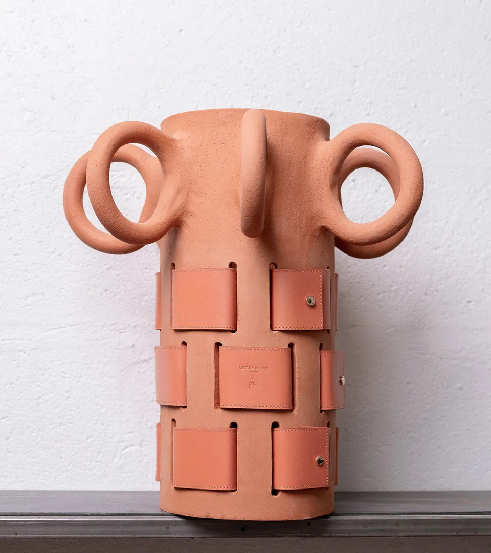 Le Tanneur Leather Goods Pia Chevalier cache-vase orange ocre damier