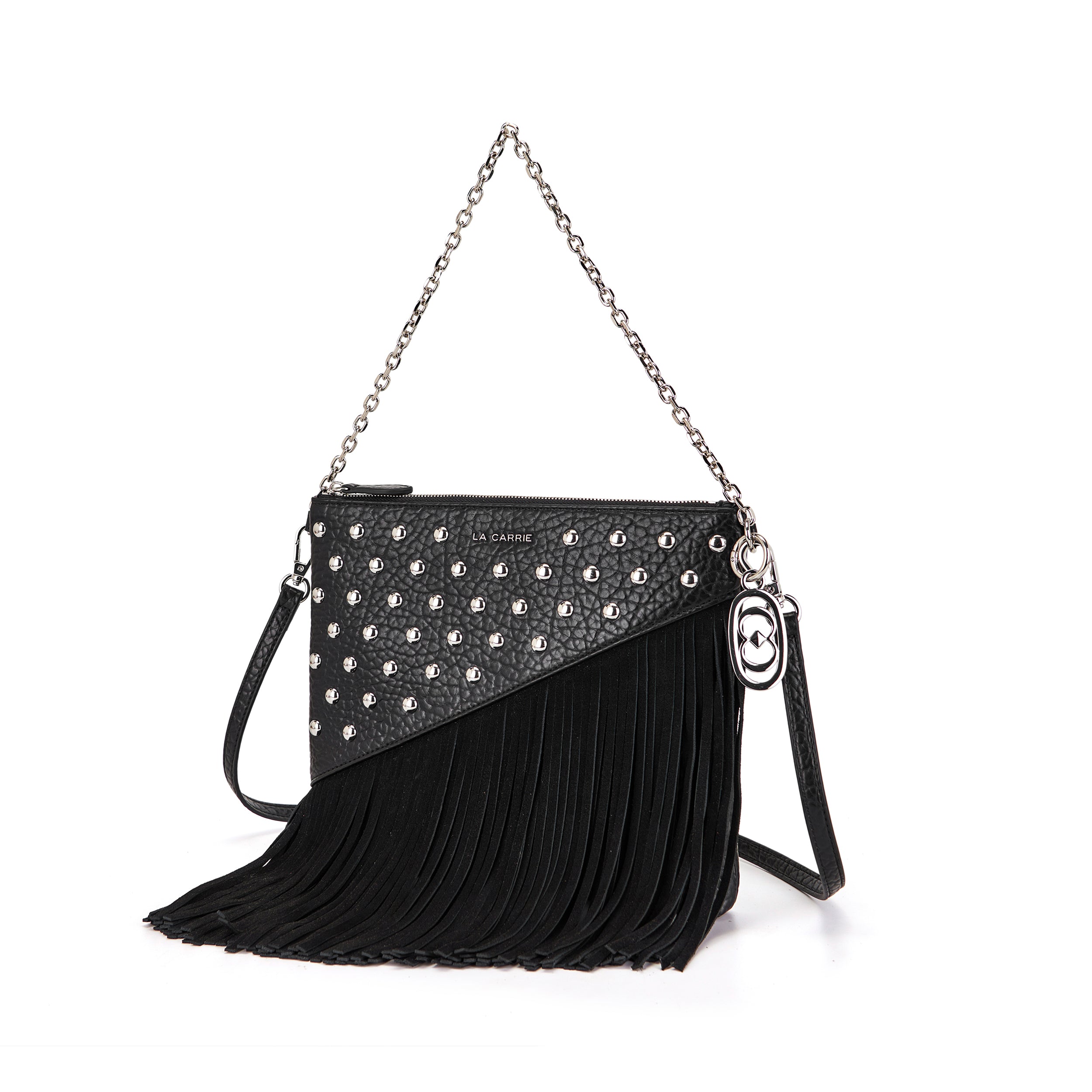 La Carrie Capsule sac bandoulière noir 25x3x22 clouté franges