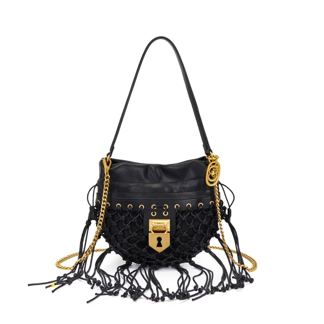 La Carrie Bag Fringe sac bandoulière noir corde 26x3x28cm