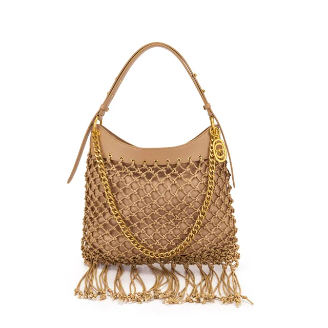 La Carrie Fringe sac épaule beige 39 x 34 cm corde