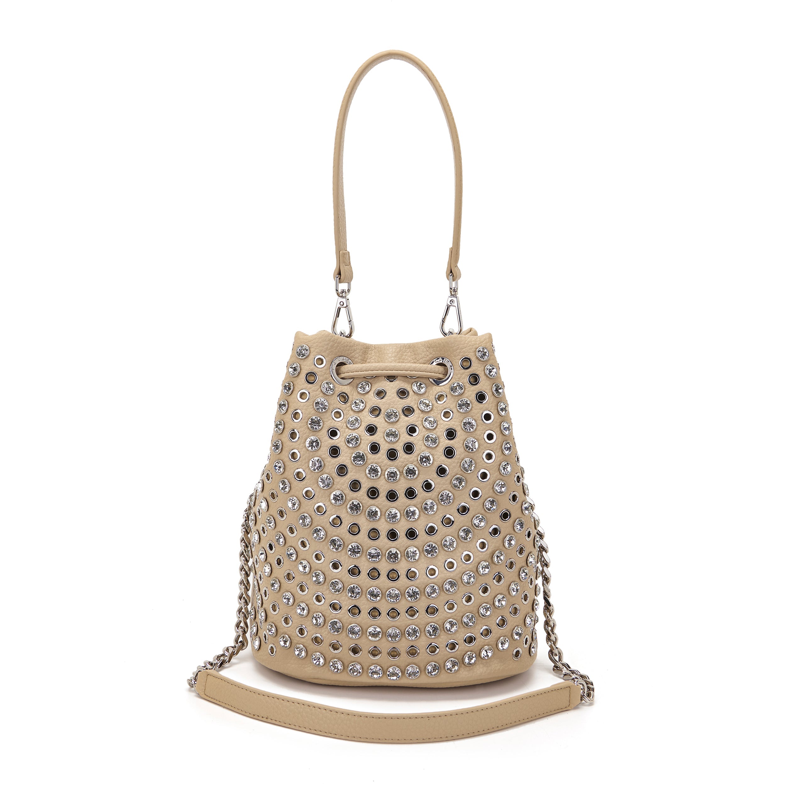 La Carrie Andromeda sac seau beige PU clouté 26 cm
